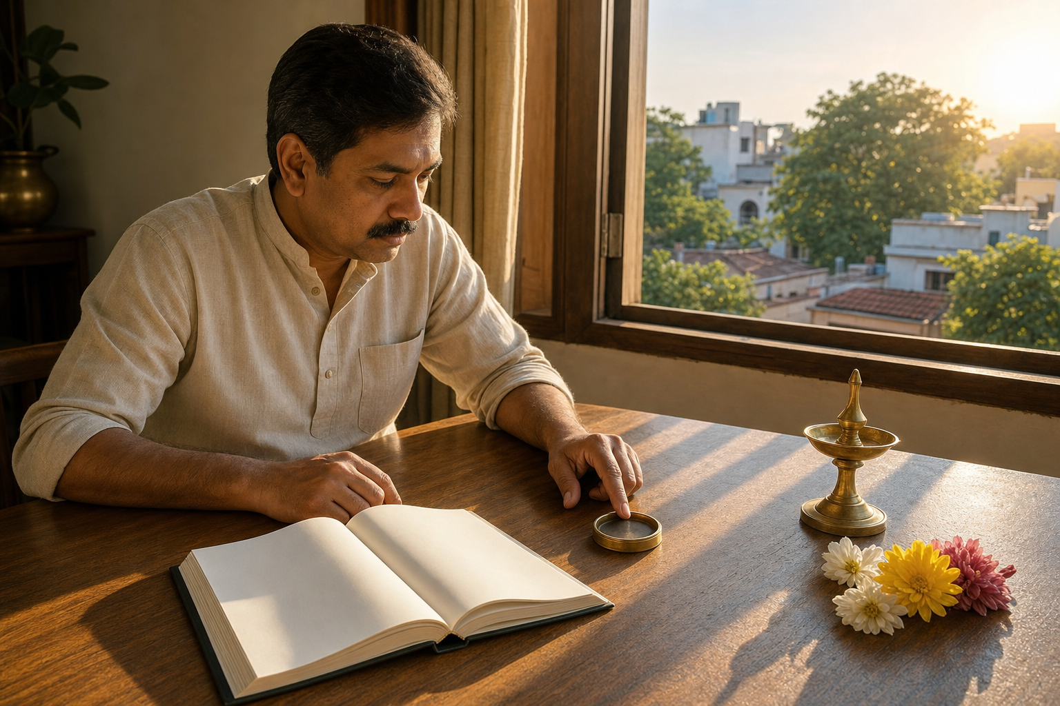 A householder studies an unmarked almanac and local sunlight at a table while prayer items wait nearby.