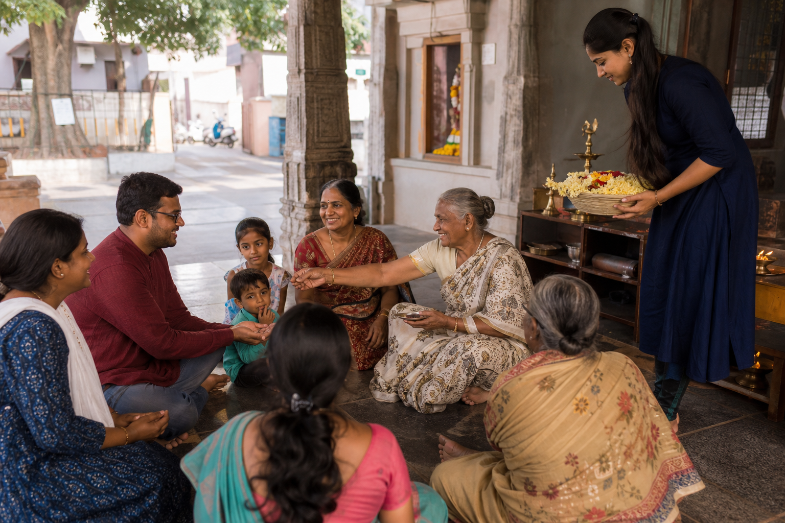 Temple community members welcome a newcomer into a multigenerational circle after worship in a neighborhood temple.
