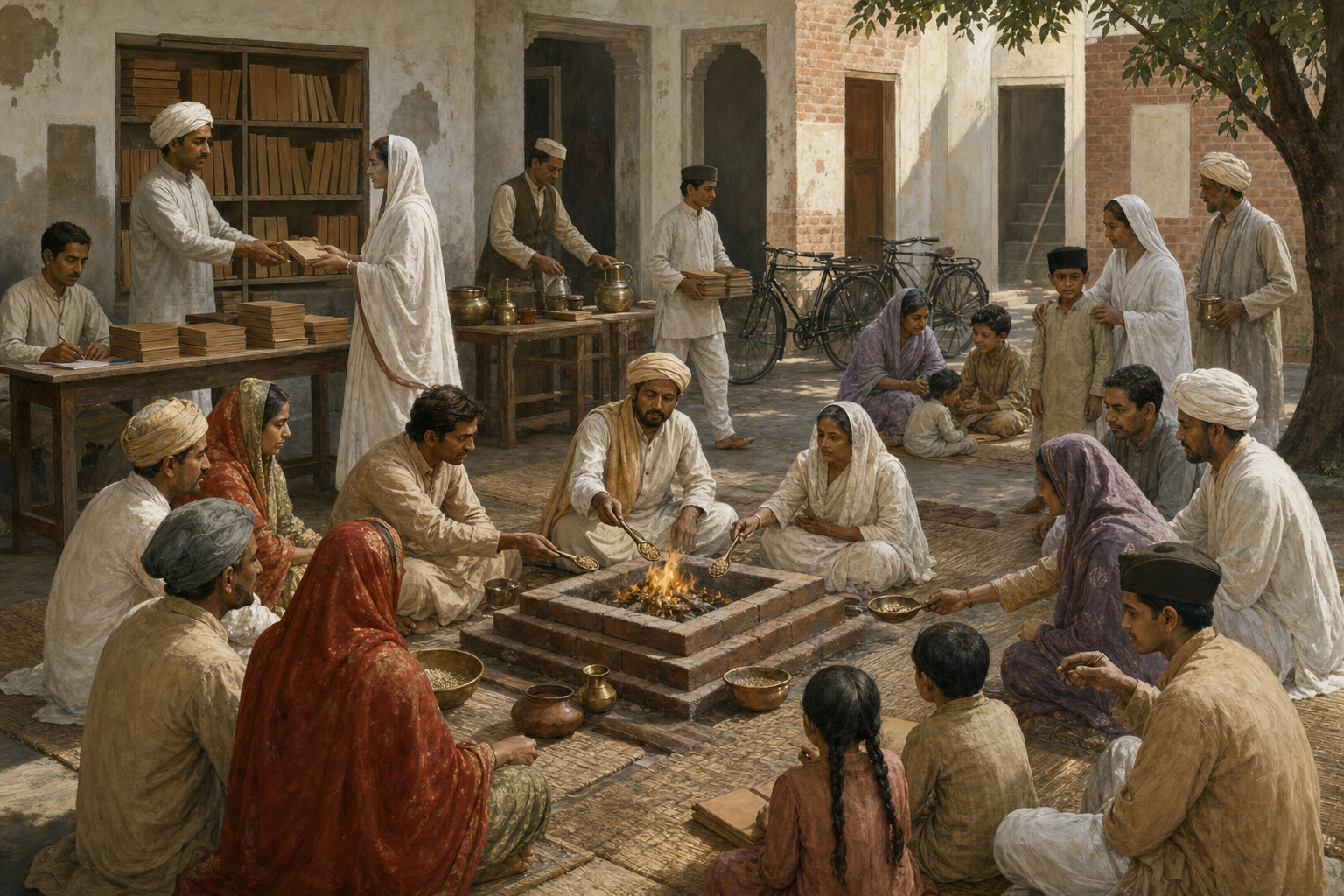 Families and Arya Samaj volunteers participate in a havan ceremony in an early twentieth-century community school courtyard.