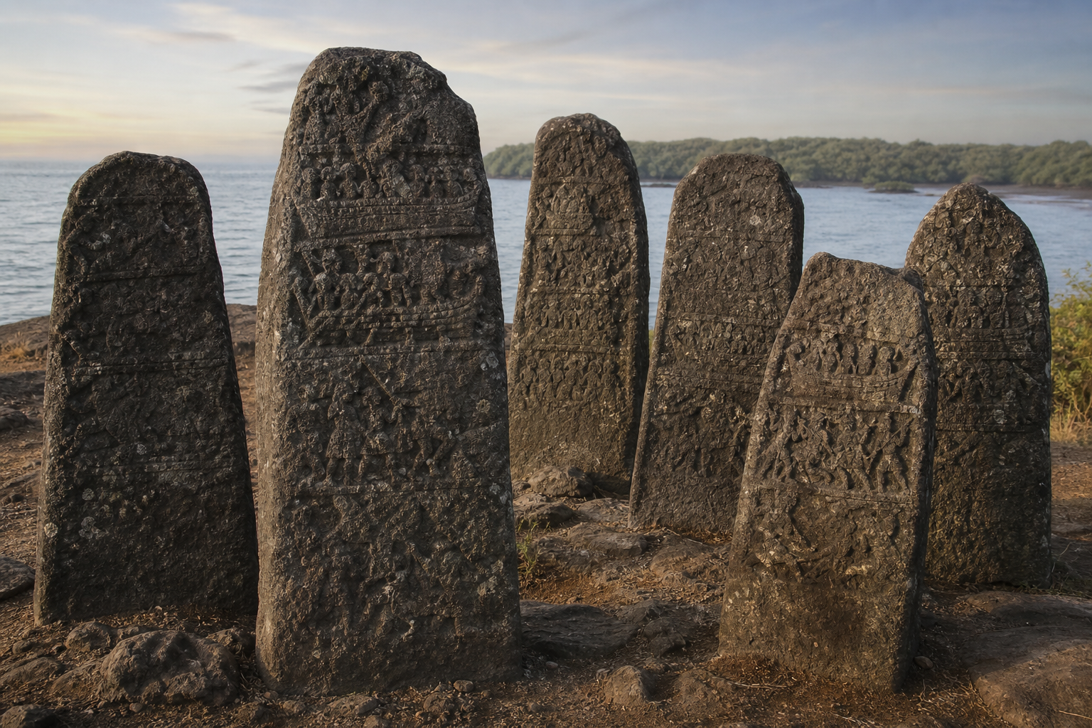 Six weathered medieval hero stones with tiered carvings of ships, warriors, celestial figures, and a sacred realm beside a western Indian coastal landscape.