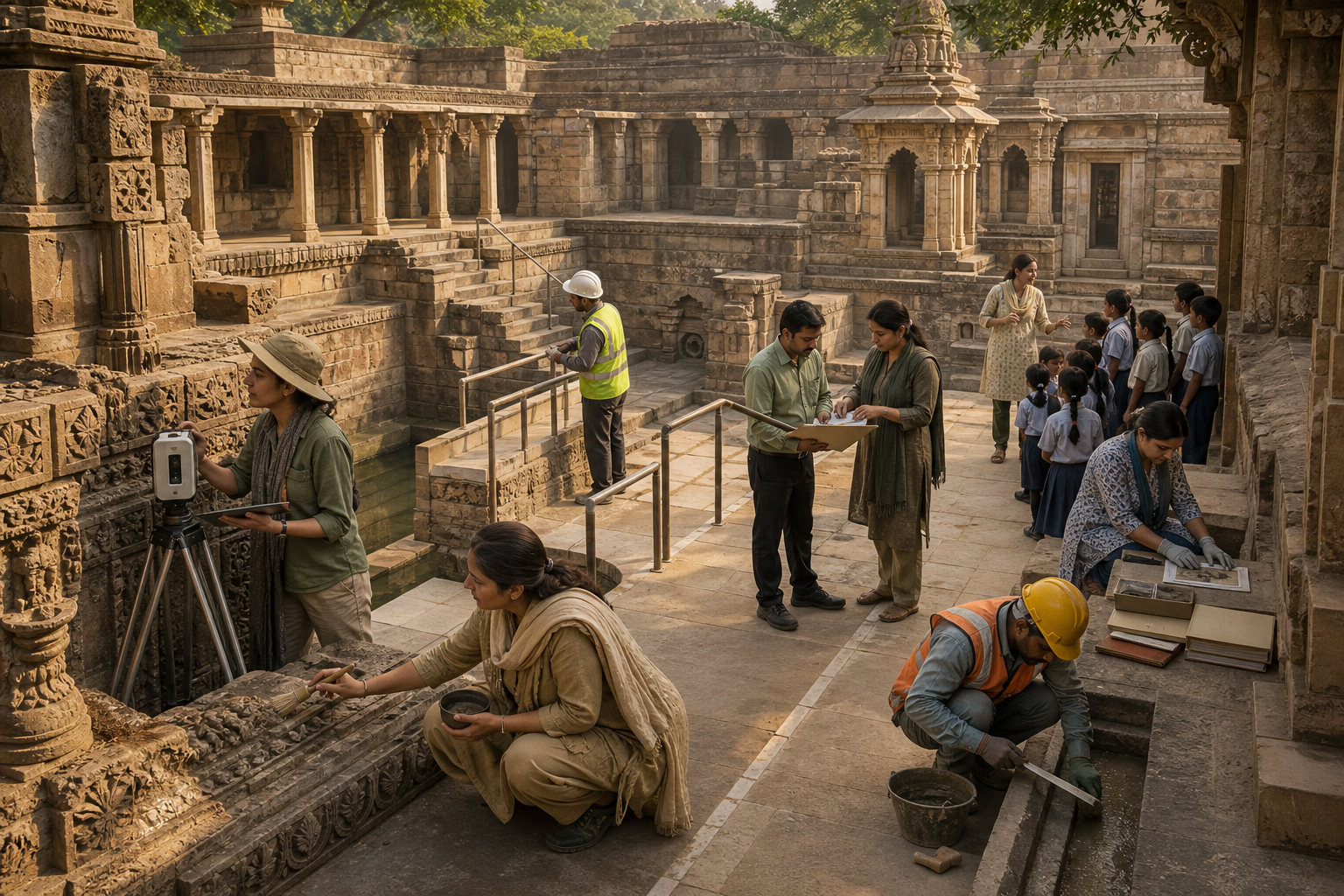 Conservators, craftspeople, archivists, and municipal workers preserve an Indian stepwell and temple courtyard while schoolchildren visit the accessible historic site.
