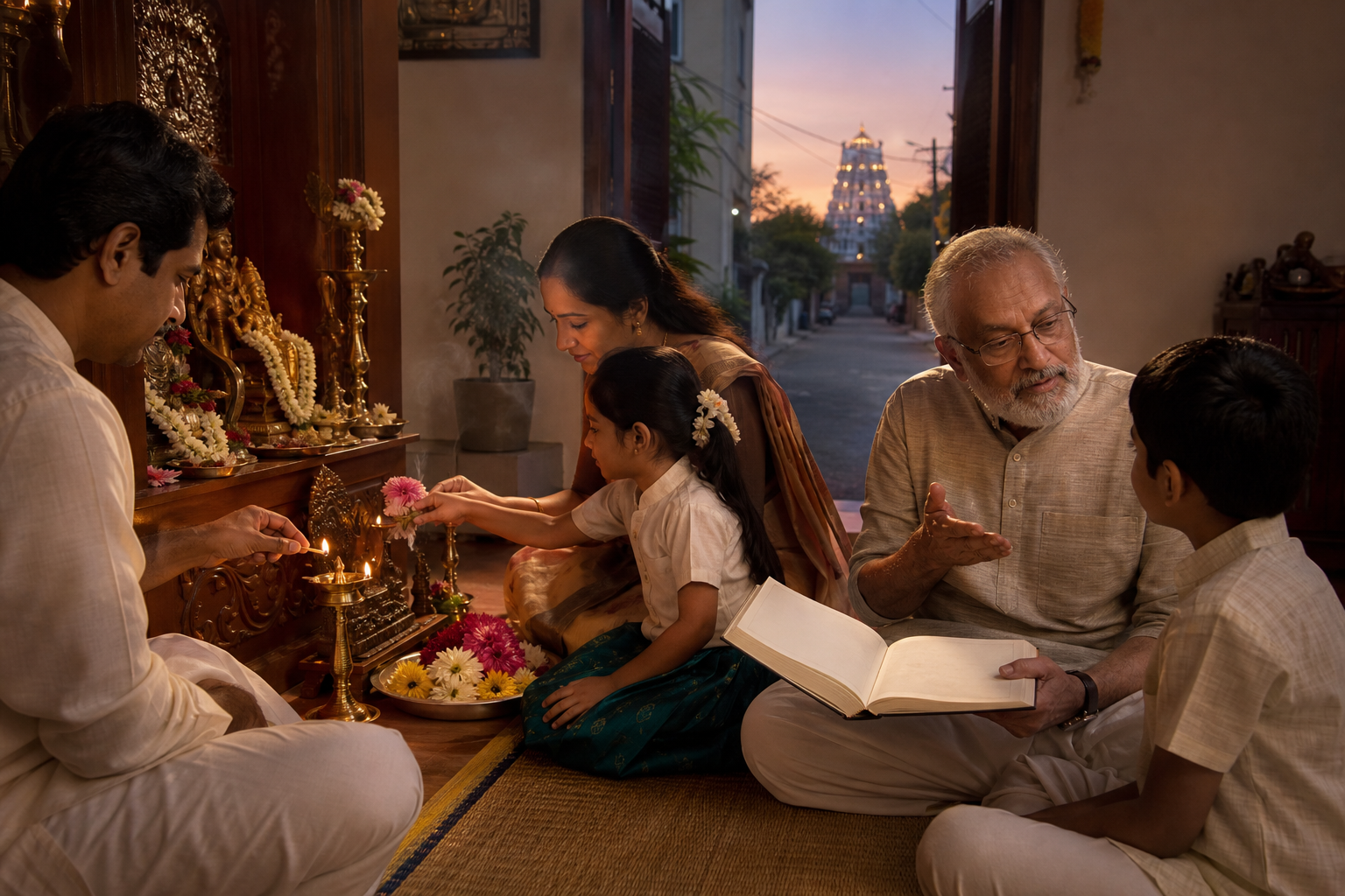 A family practices morning worship at a household shrine with guidance from a community mentor, while a temple is visible outside.