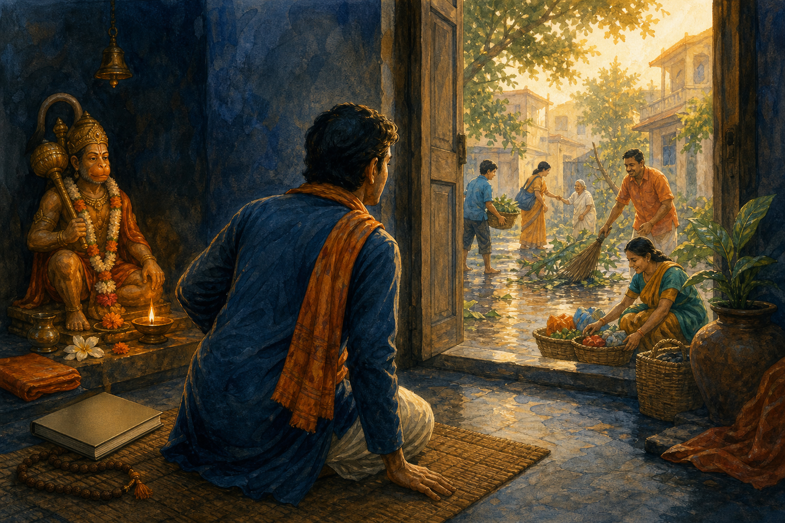 A devotee rises from prayer before a small Hanuman murti and turns toward an open doorway where neighbors prepare food baskets and clean a courtyard.