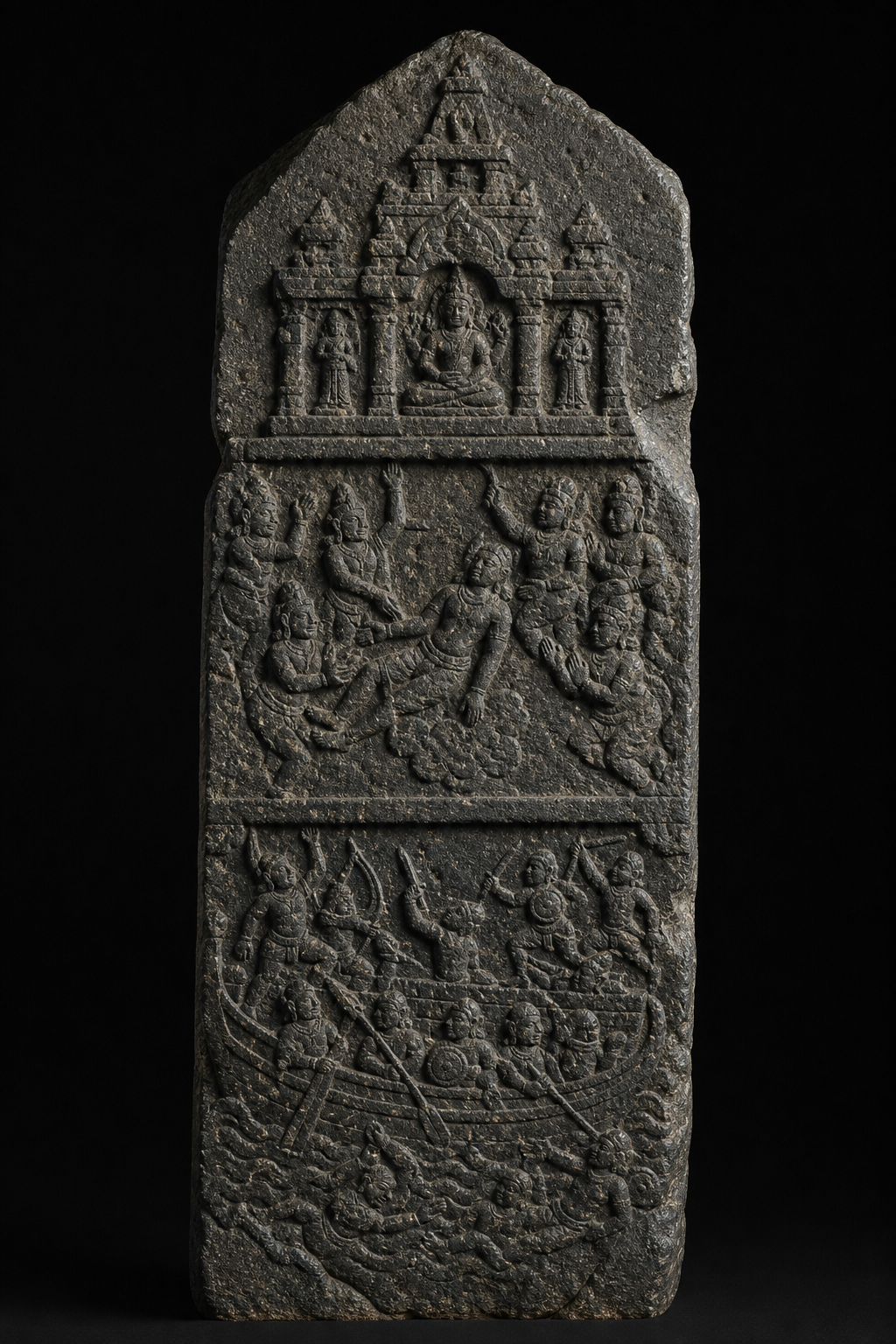 A weathered hero stone with ascending relief panels showing a naval battle, celestial attendants receiving a fallen warrior, and a sacred realm at the top.