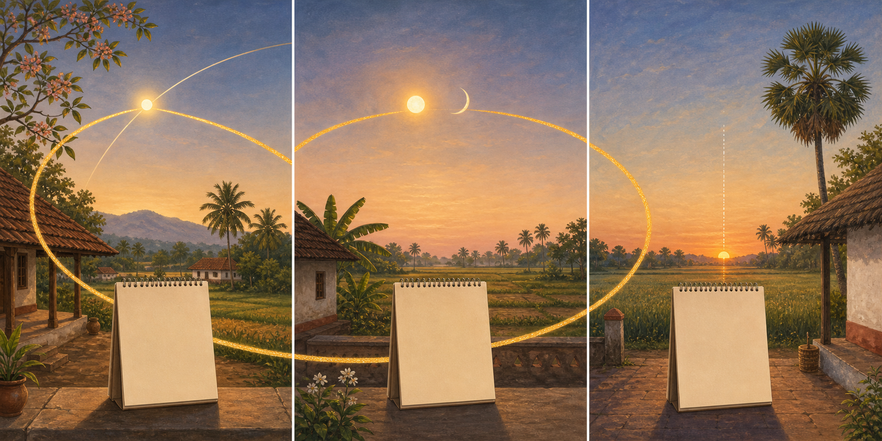 Three spring dawn landscapes show different solar and lunar cues beside blank calendar leaves connected by a golden circle.