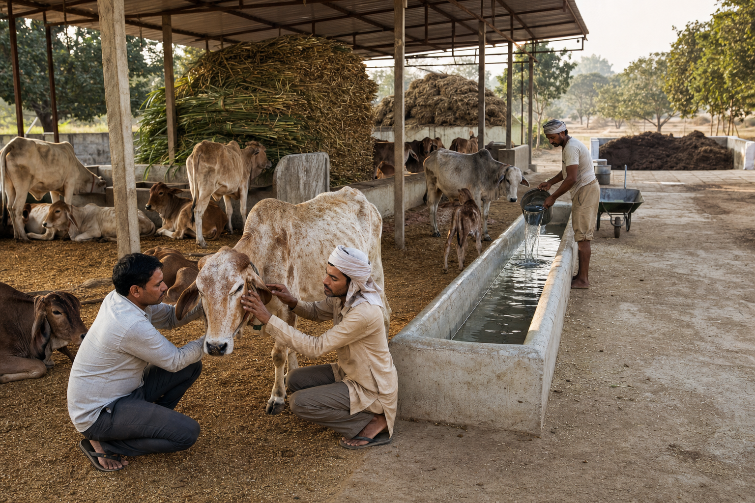 Caretakers examine an elderly cow in a clean gaushala with shaded shelter, fresh water, stored fodder, dry bedding, and a composting area.
