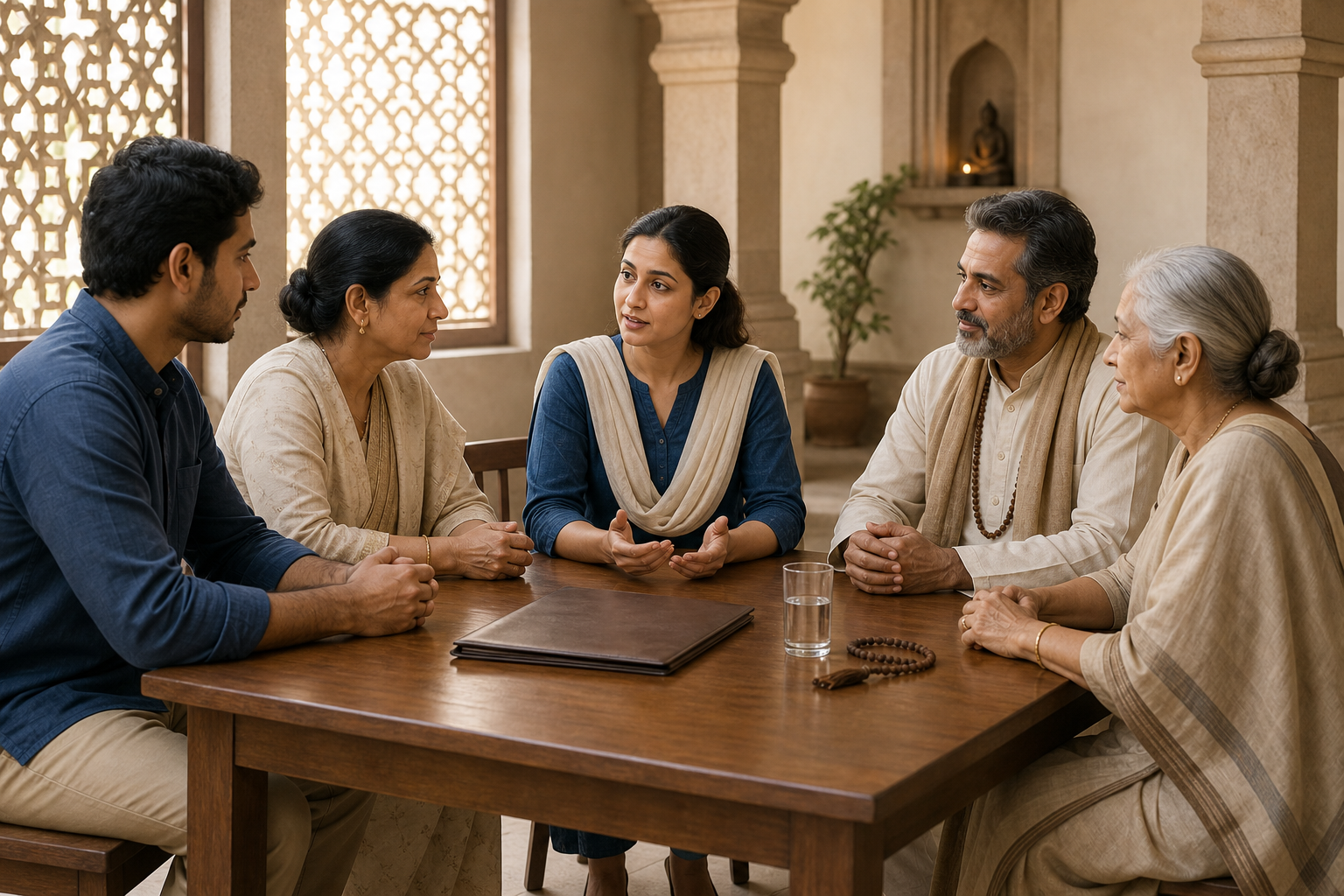 An individual and relative consult a legal-aid volunteer, spiritual counselor, and community elder in a quiet temple meeting room.