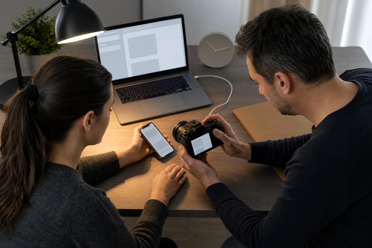 Two adults calmly document a smartphone screen with a second device at a well-lit desk while preserving the original phone.