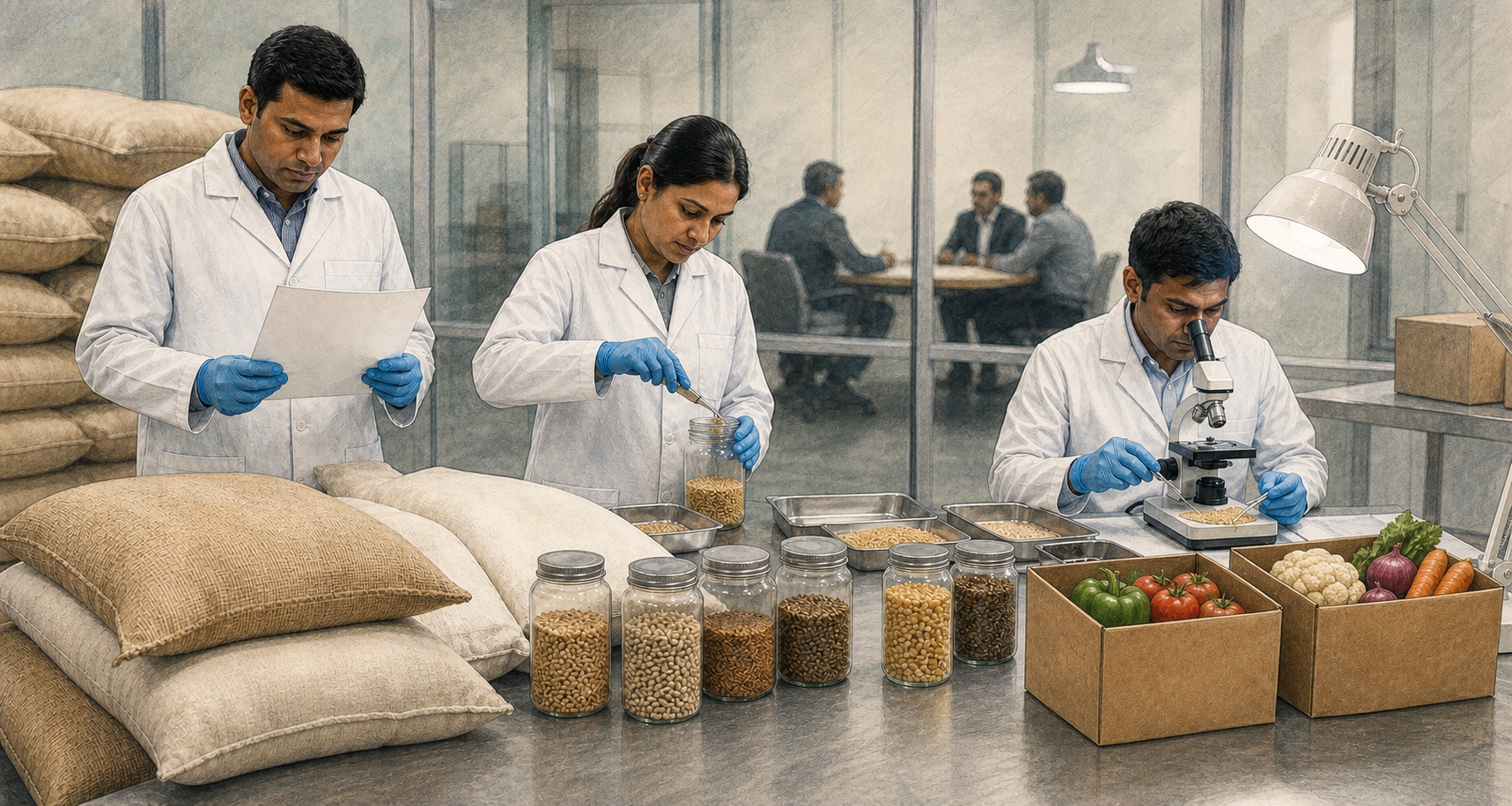 Food inspectors examine grain samples and sealed farm shipments while indistinct negotiators meet behind a glass partition.