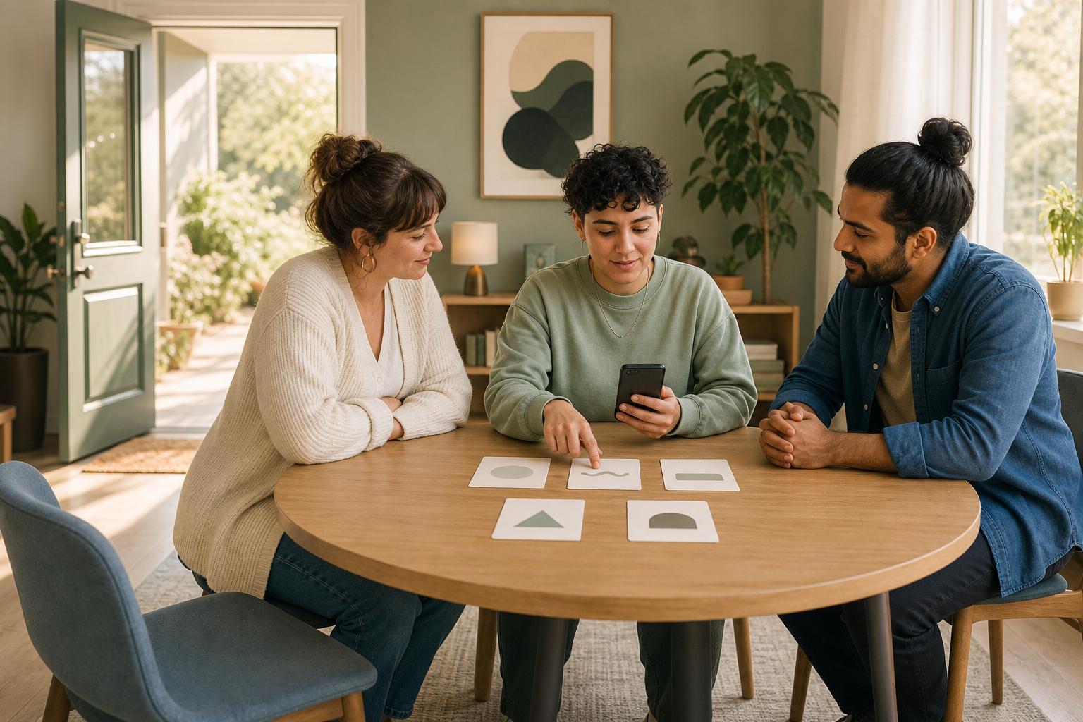An adult holds their phone and considers blank option cards while two trusted adults listen without taking control.