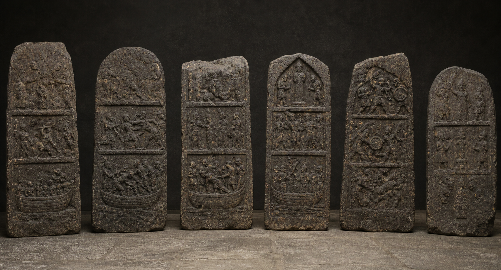 Six distinct weathered Viragals displayed together, including four with surviving ship and naval combat scenes in their lower carved panels.