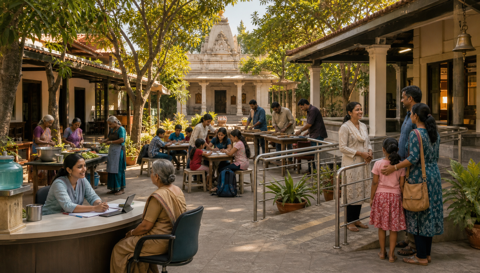 Volunteers provide healthcare, tutoring, vocational guidance, meals, and family support around a temple-centered community courtyard.