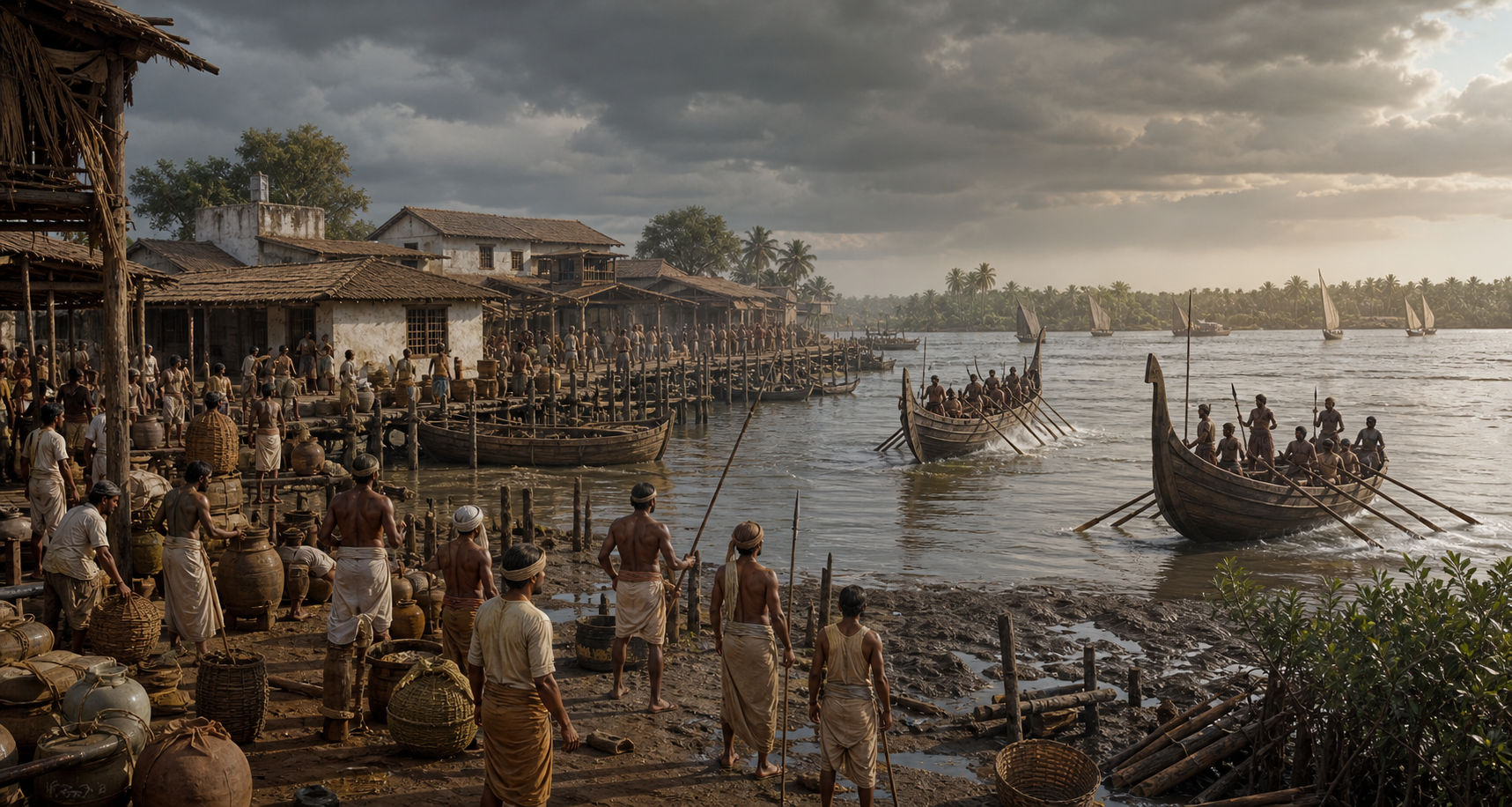 A reconstructed medieval western Indian port with trading activity, mangroves, wooden vessels, and two armed boats maneuvering near the harbor.
