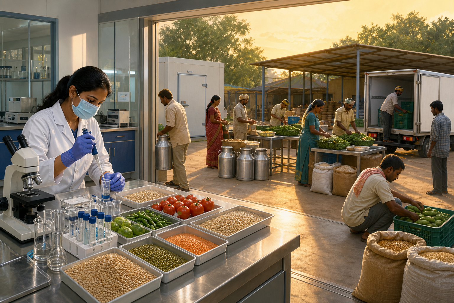 A laboratory technician tests farm produce beside a cooperative center with farmers, hygienic sorting tables, cold storage, and a refrigerated vehicle.