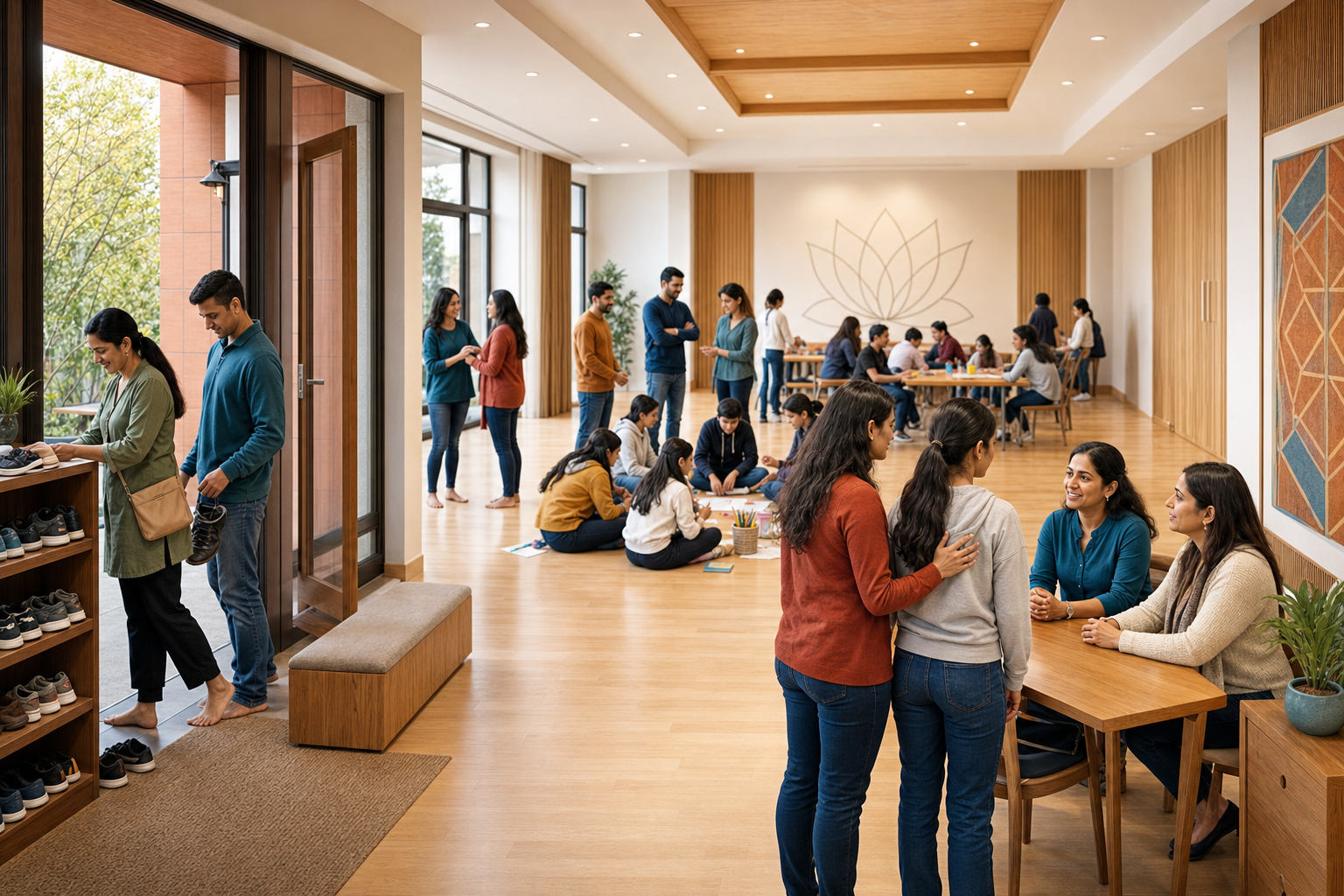 Families and volunteers gather in a bright community hall with open sightlines, shared supervision, and an accessible support table.