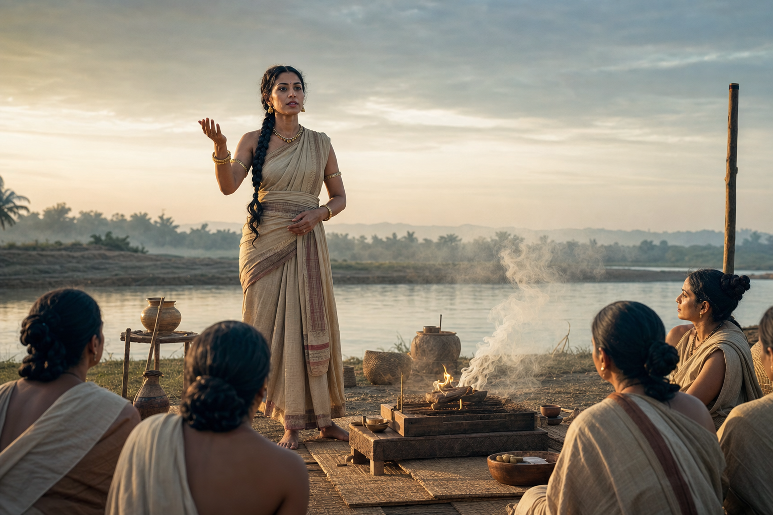 A regal woman speaks beside a sacred fire at dawn while a small gathering listens in an open riverside ritual enclosure.