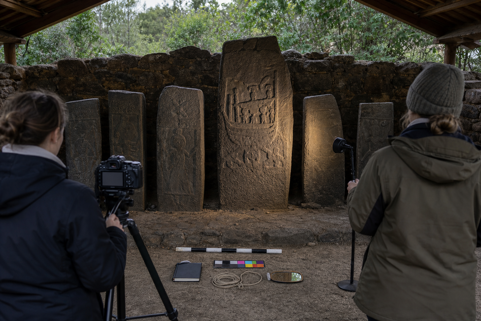 Two researchers document weathered hero stones using a tripod camera, raking light, measuring tools, and an unmarked scale reference.