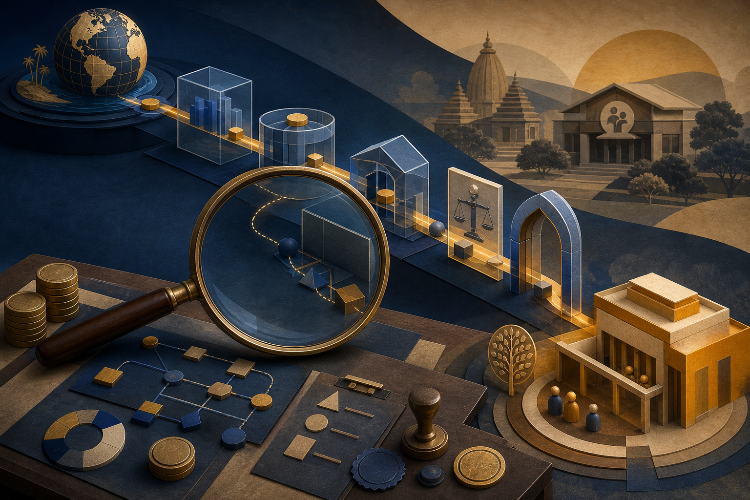 An editorial illustration shows a magnifying glass revealing a hidden route in a layered foreign-funding chain leading toward Indian civic and temple institutions.