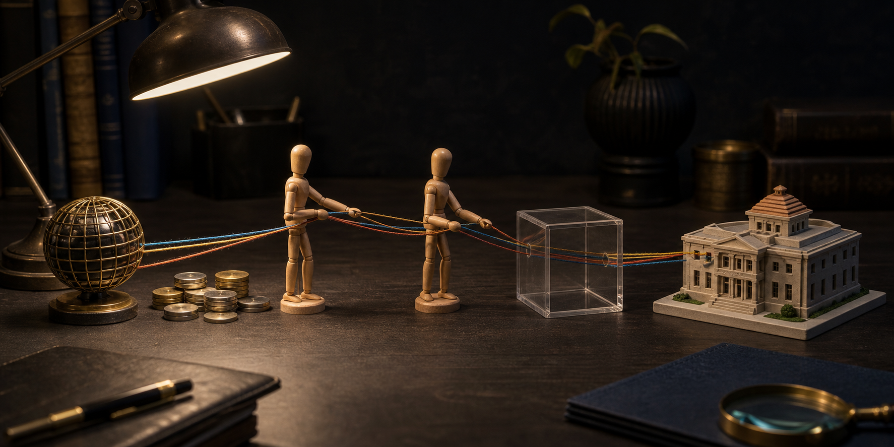 A research desk displays tokens, colored threads, an intermediary box, and an institutional model arranged to represent the source, control, route, and beneficiary of a transaction.