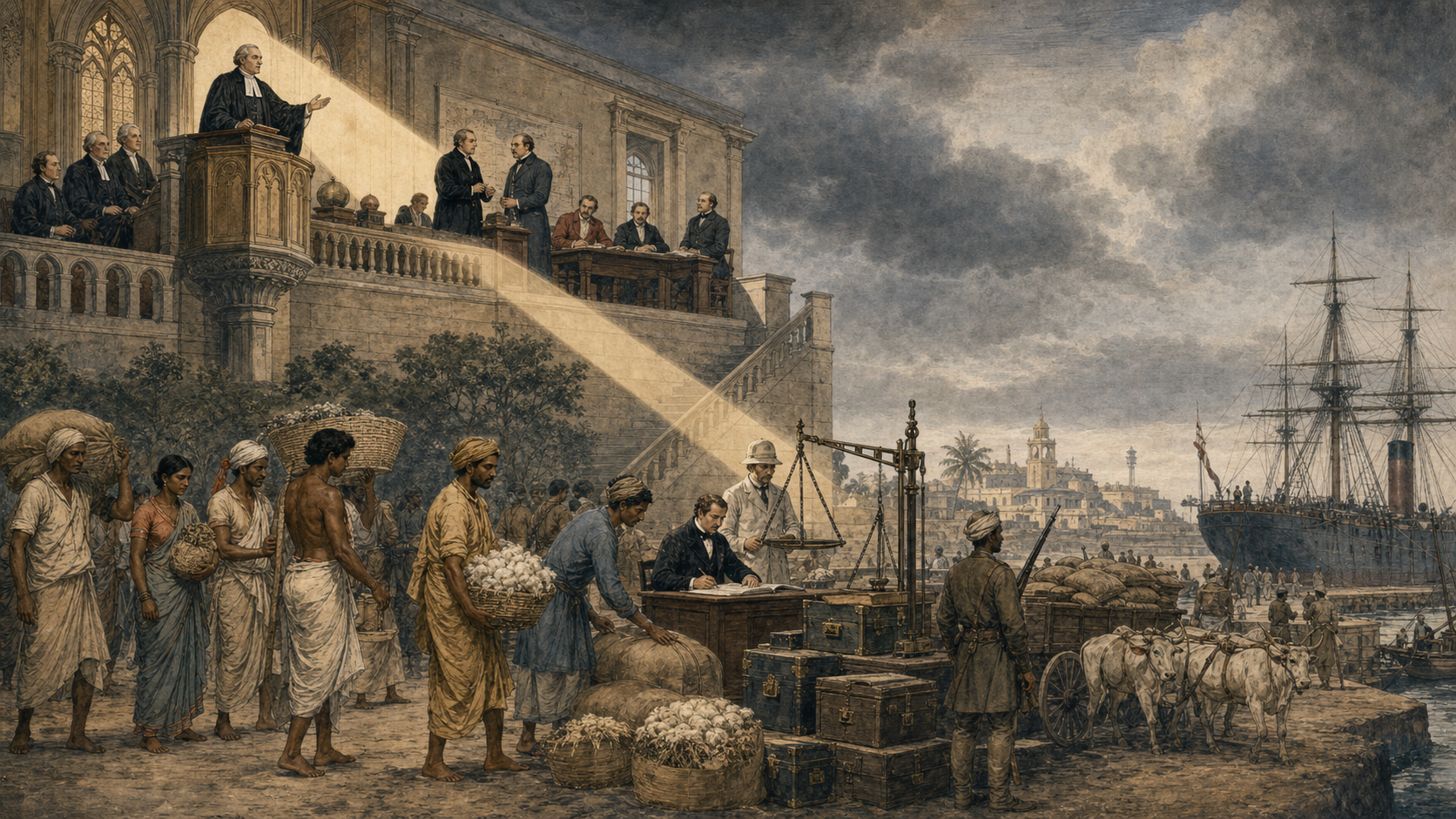 Historical illustration of a church pulpit and colonial revenue office overlooking Indian cultivators moving grain and cotton toward tax chests, guarded carts, and a merchant ship.