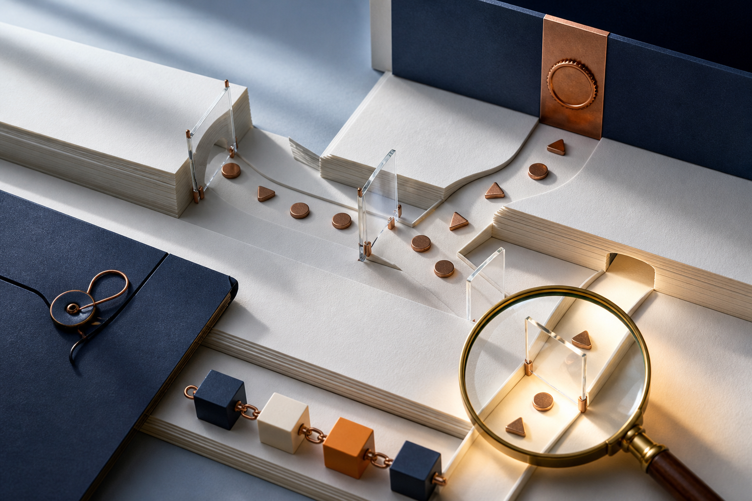 Blank legal pages, transparent gates, funding tokens, and a magnifying lens form a visual test of how different routes pass through statutory conditions.