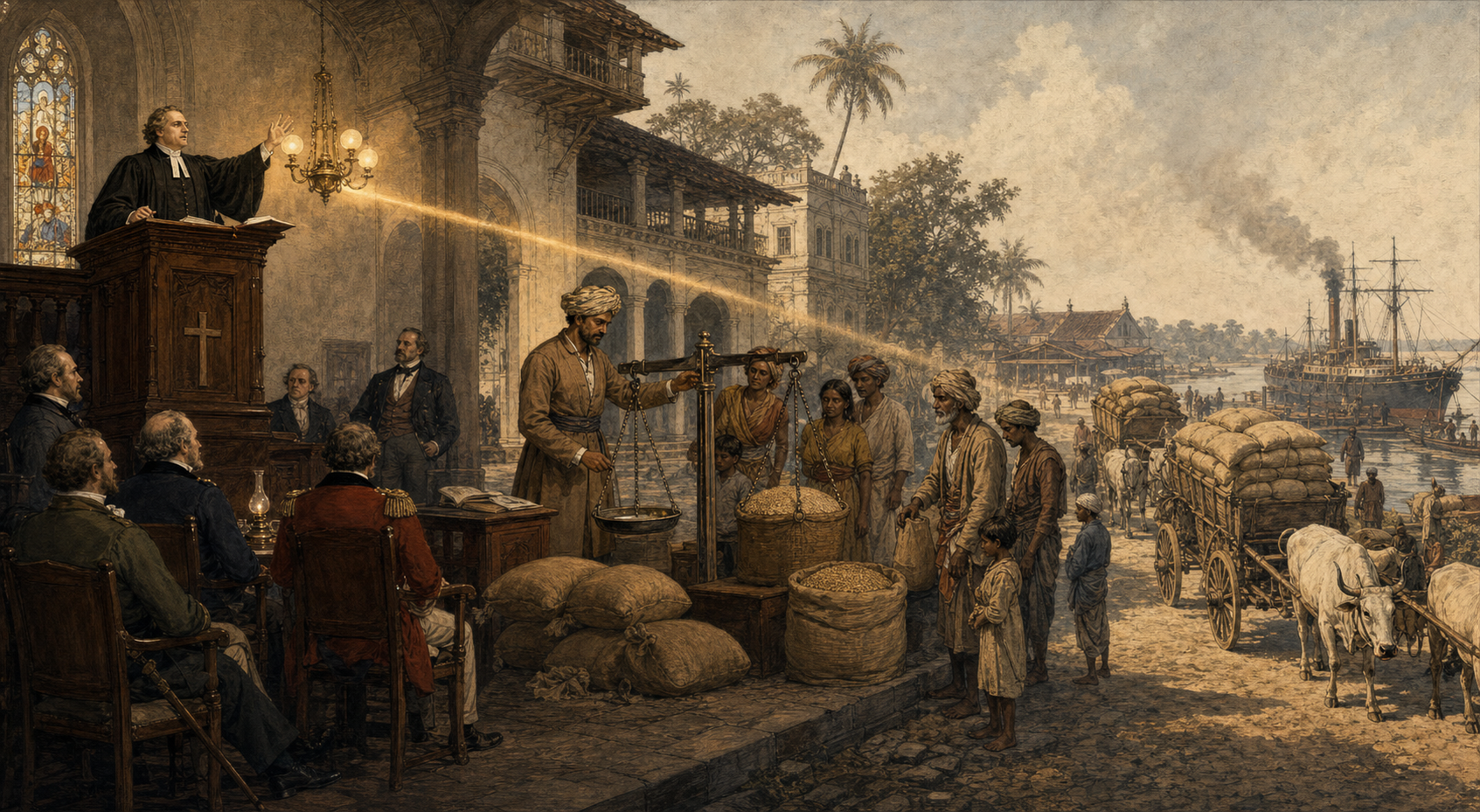 A clergyman preaching, colonial officials conferring, and revenue agents weighing grain form a connected sequence leading to loaded wagons at an Indian river port.