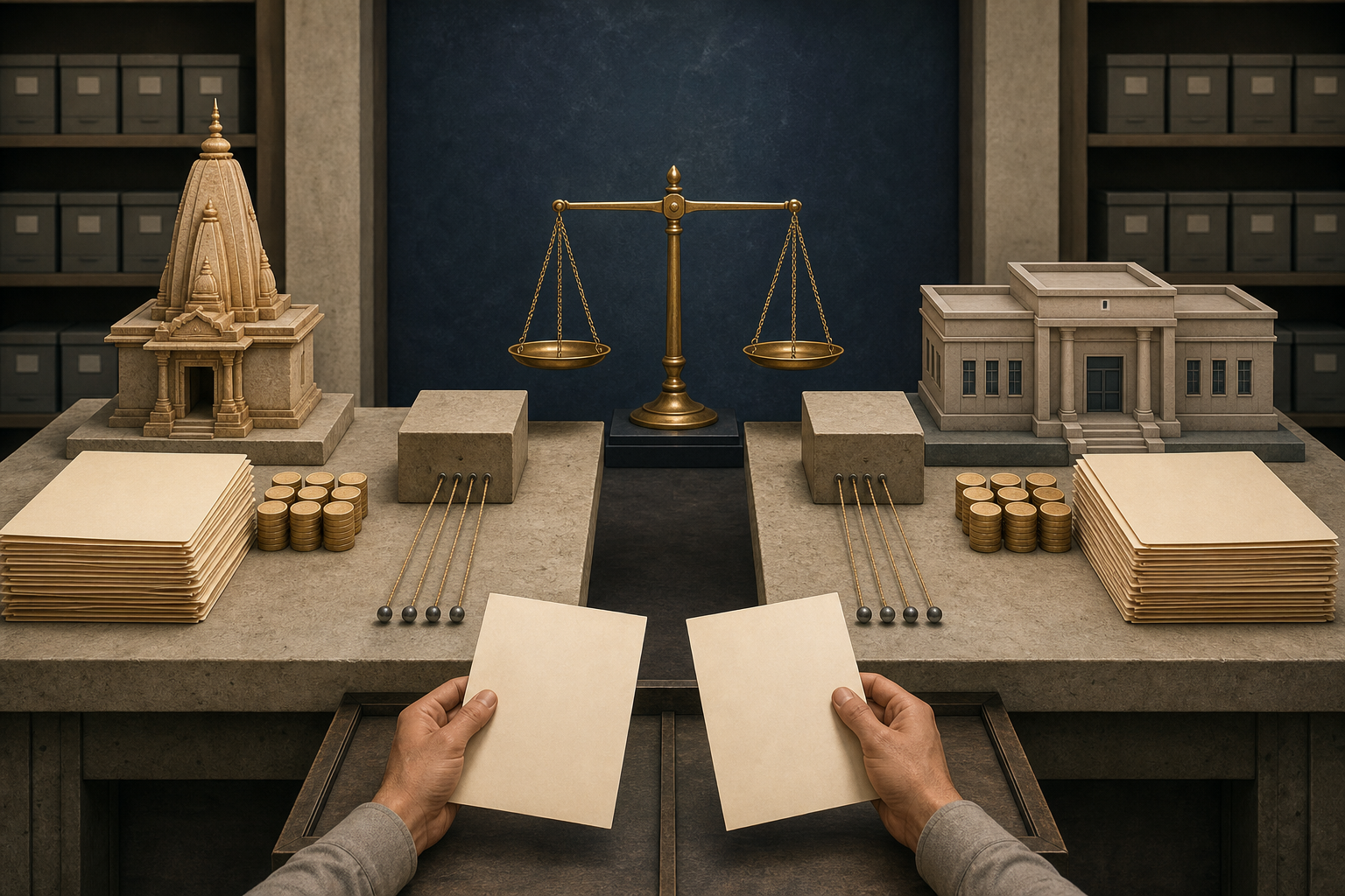 Two symmetrical evidence tables compare matching funding routes leading to a Hindu community institution and a nonsectarian community service building.