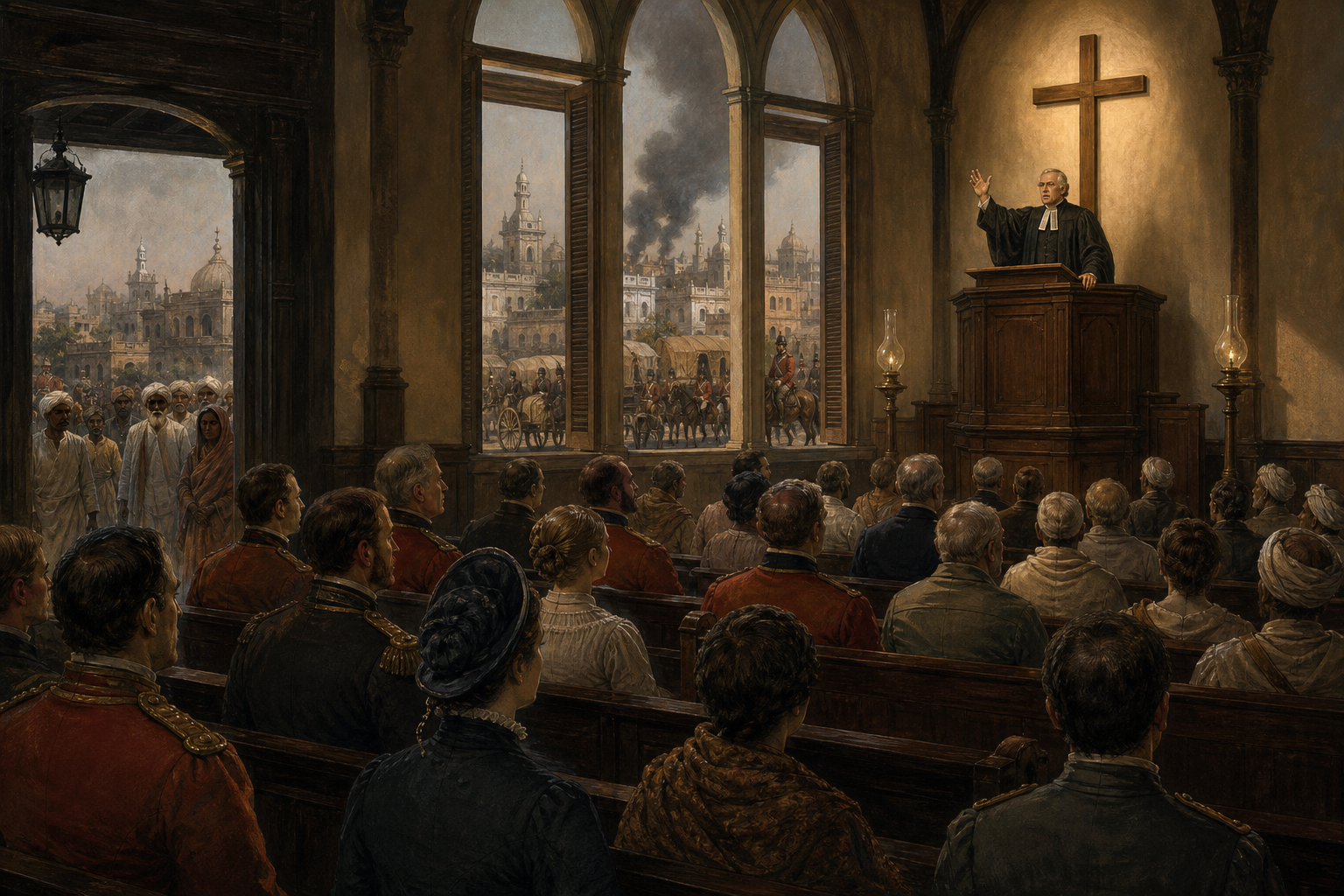 A nineteenth-century clergyman preaches to British officers and civilians as smoke, troops, supply wagons, and Indian residents are visible outside during the upheaval of 1857.