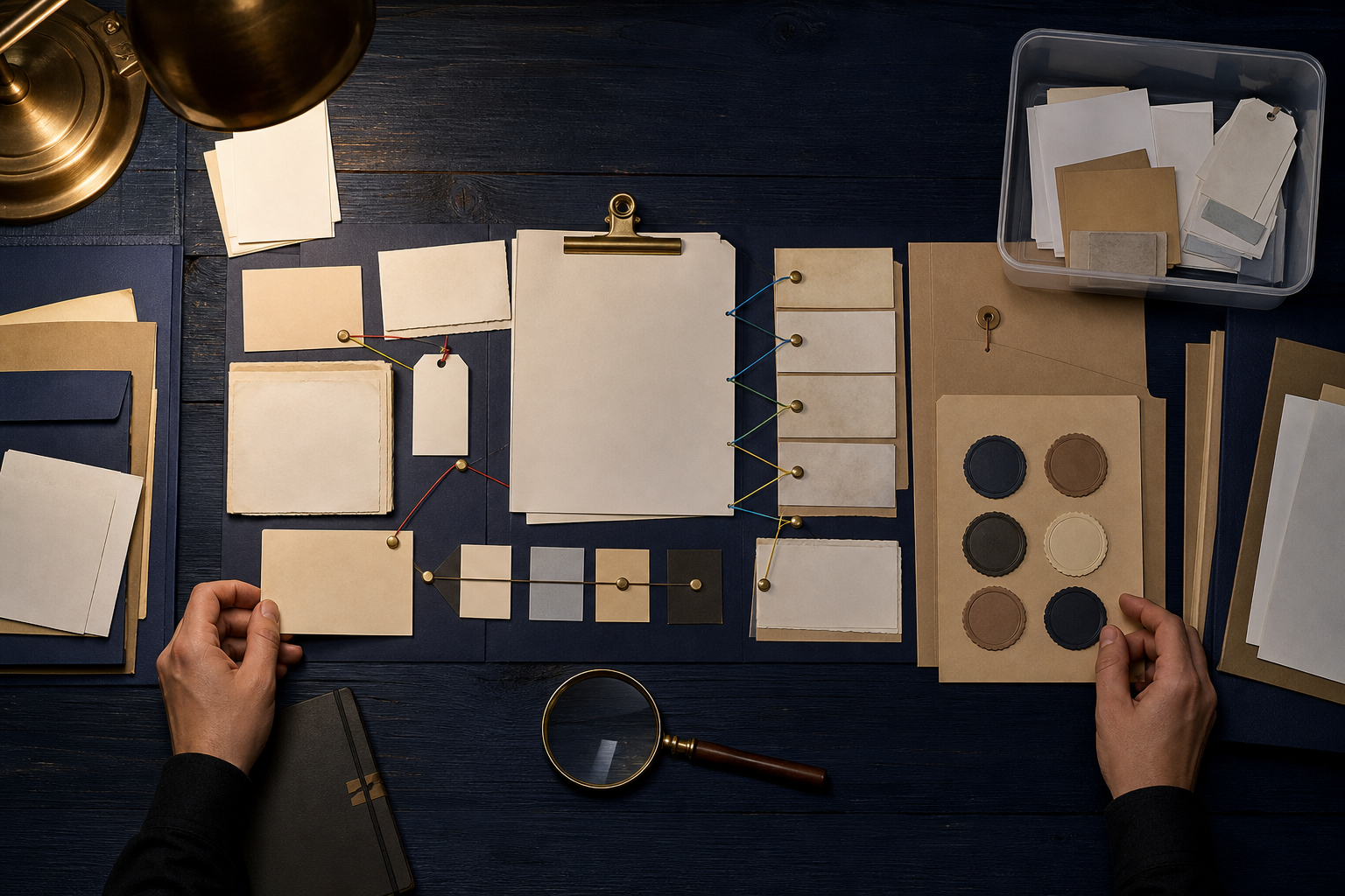 Hands organize blank records, routing threads, ownership blocks, seals, and evidence markers into a structured legal case file.