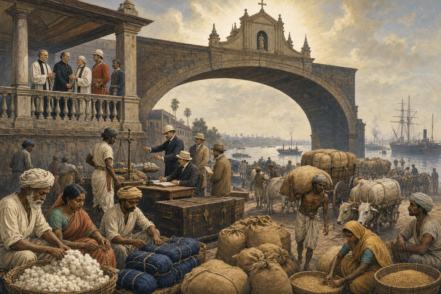 A church arch casts its shadow over colonial officials, tax chests, agricultural goods, Indian producers, carts, and ships at a nineteenth-century river port.
