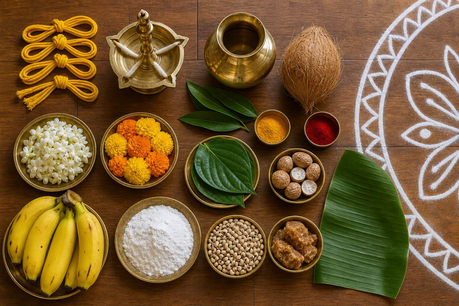 Karadaiyan Nombu puja supplies and adai ingredients arranged beside a rice-flour kolam before the ritual.