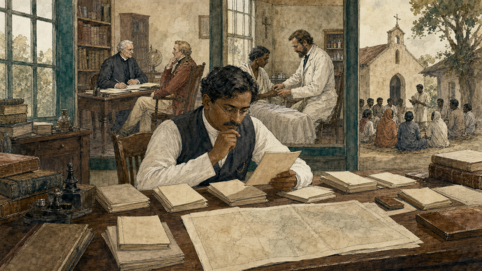 An Indian historian studies blank-faced archival documents while separate background scenes show a clergyman with an administrator, a mission clinic, and Indian Christian congregants.
