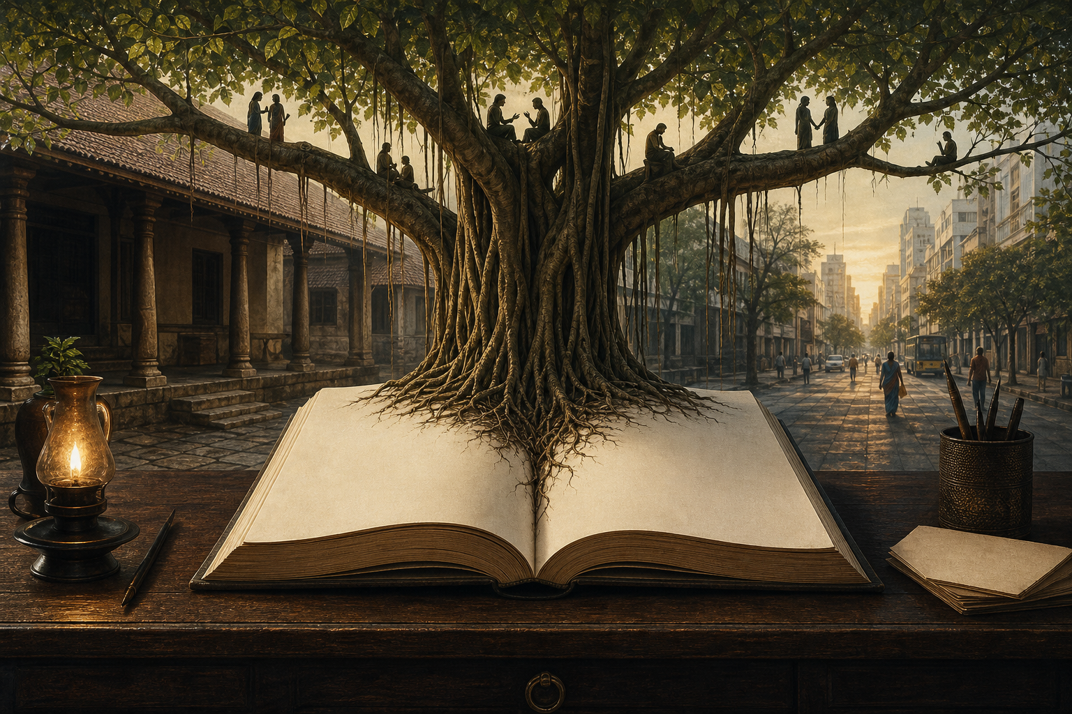 An unmarked open book on a wooden desk supports a banyan tree whose branches contain small silhouettes of people, with a traditional courtyard and modern street in the background.