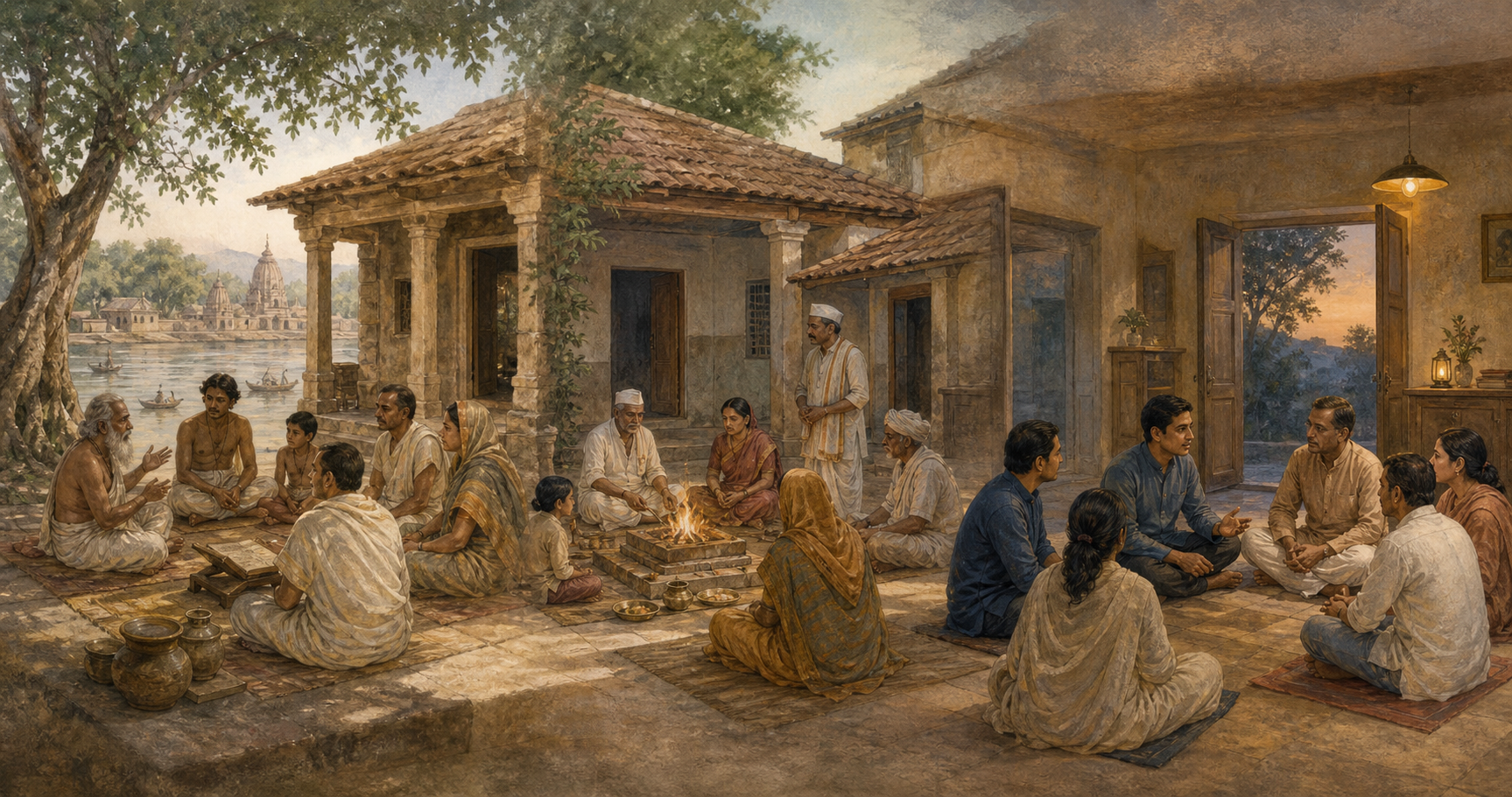 Three connected Indian scenes from different historical periods show discussion, a modest household rite, and contemporary community consultation.