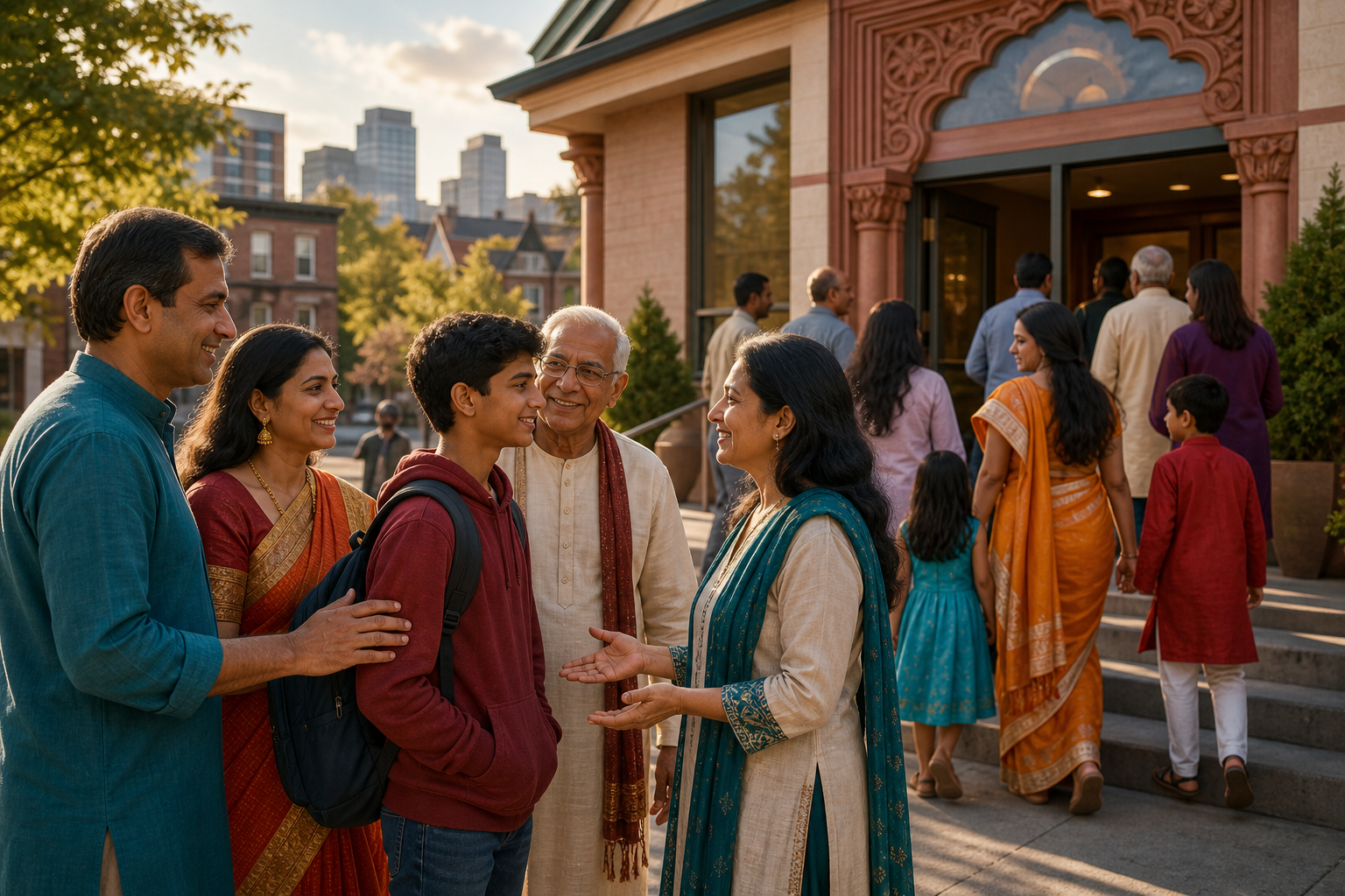 Hindu families of several generations gather outside a community center in a North American neighborhood while volunteers welcome them inside.