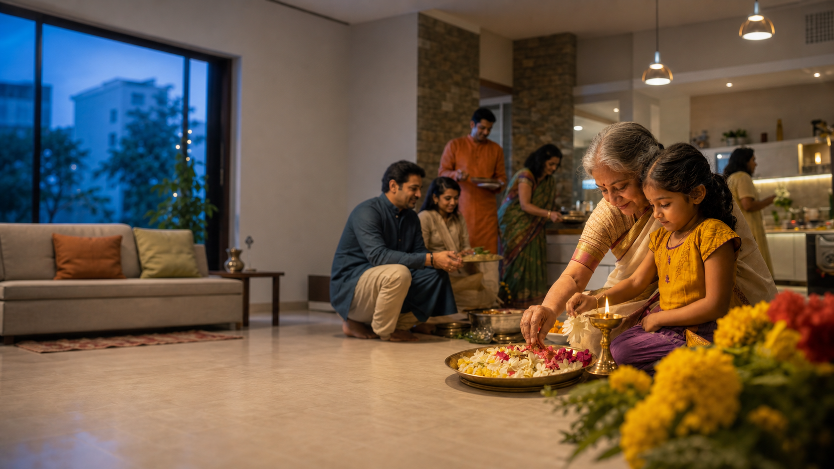 An elder guides a child in placing flower petals beside a brass oil lamp as family and friends gather in a contemporary home.