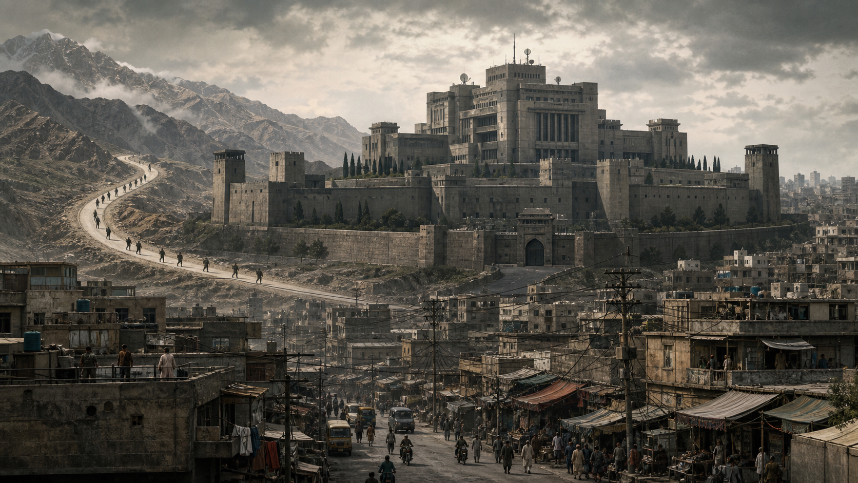 Editorial illustration of armed silhouettes traveling from a mountainous frontier toward a fortified complex and a densely populated South Asian city.
