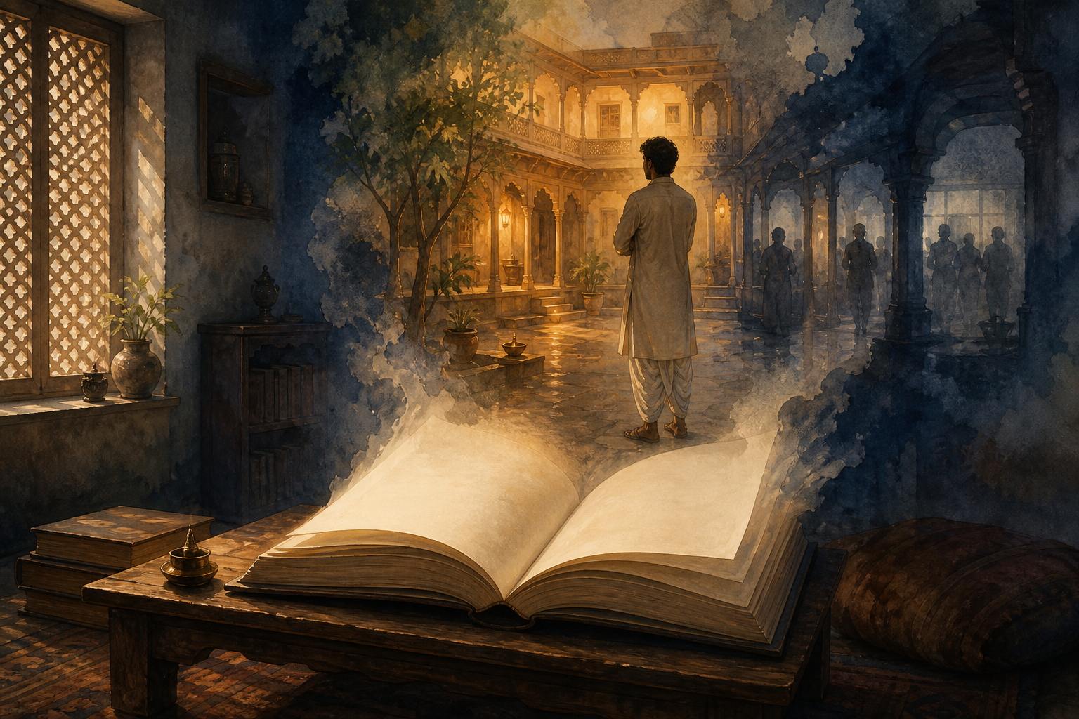 A blank open book in an Indian reading room dissolves into an imagined scene of a person between a lit ancestral courtyard and a shadowed corridor.