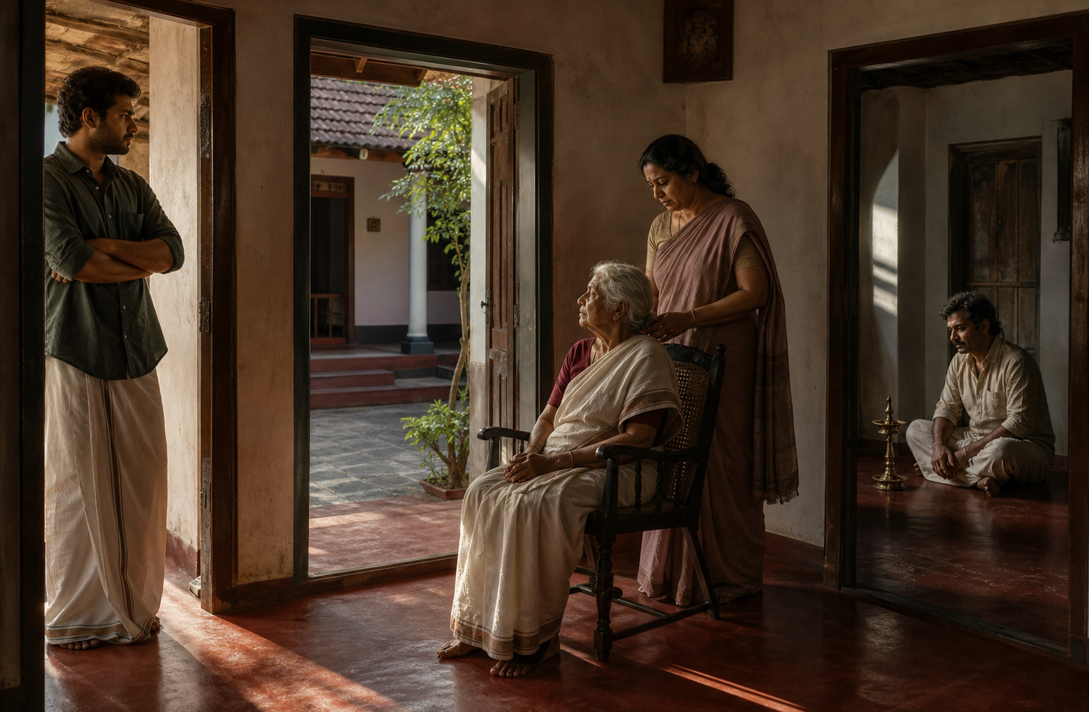 Four adults in different parts of a South Indian home face one another across doorways while an elderly family member rests nearby.