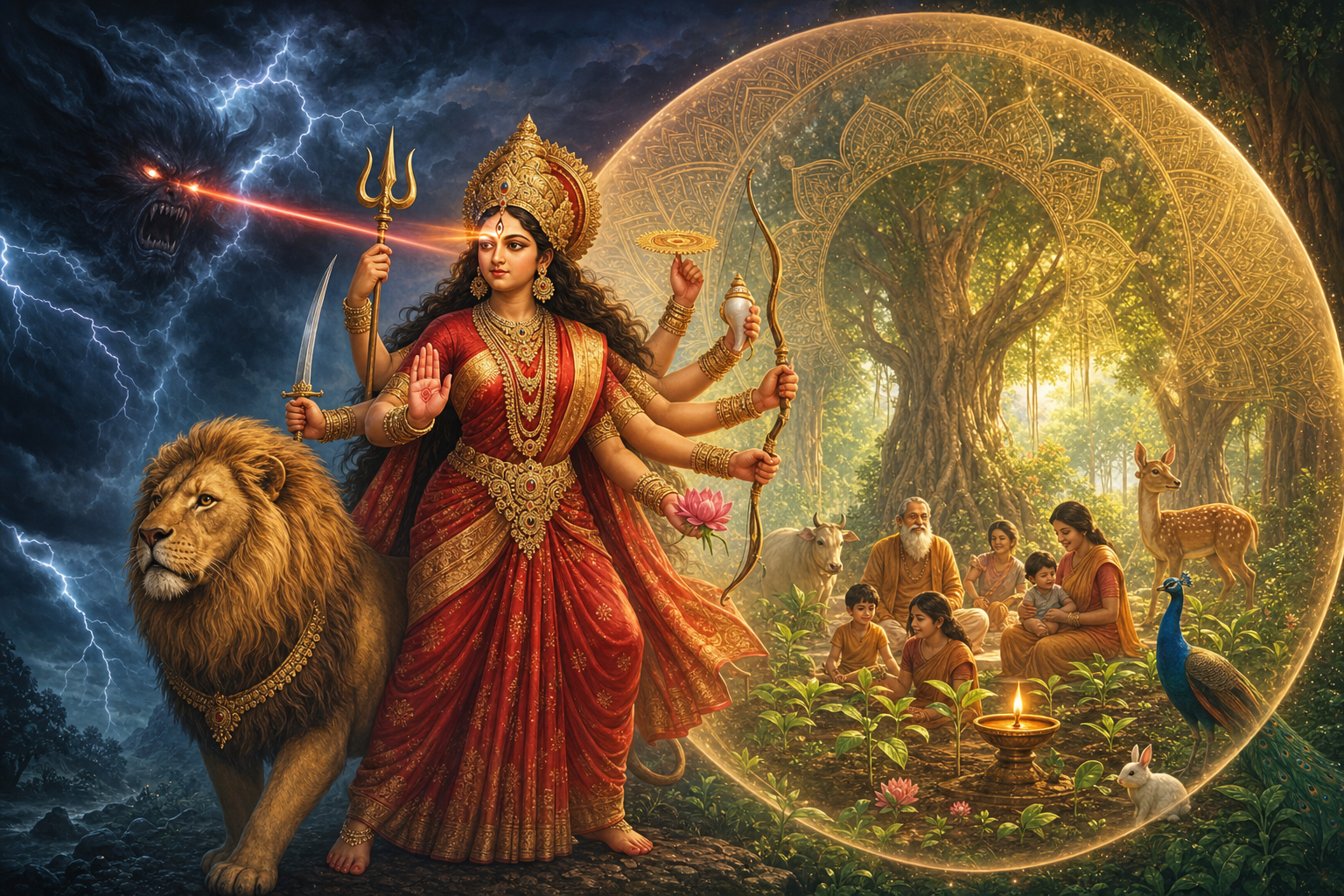 Three-eyed Durga and her lion stand between a shadow in storm clouds and a forest sanctuary enclosed by a warm shield of light.