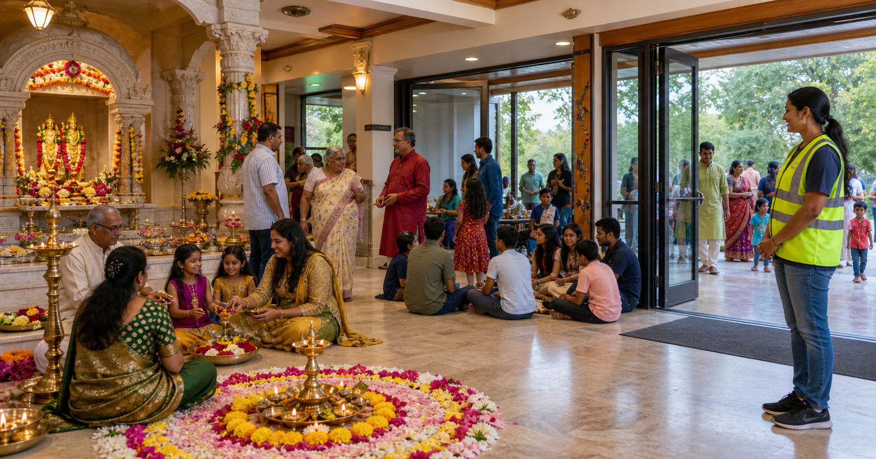 Children, parents, and elders participate in a Hindu cultural gathering while a volunteer discreetly watches the entrance.