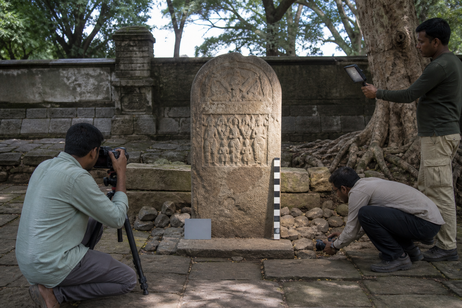 A documentation team photographs a carved memorial stone, its base, and the surrounding temple yard using a tripod and gentle side lighting.
