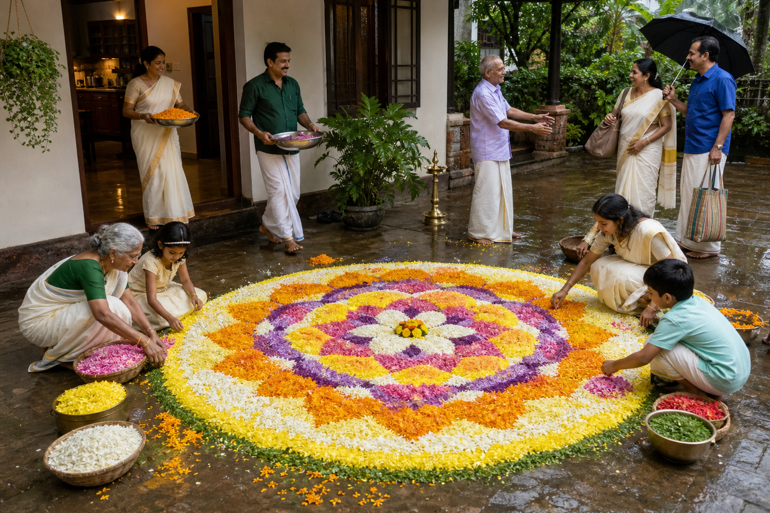 Children, adults, elders, and neighbors work together on a circular flower-petal pookalam in a residential courtyard.