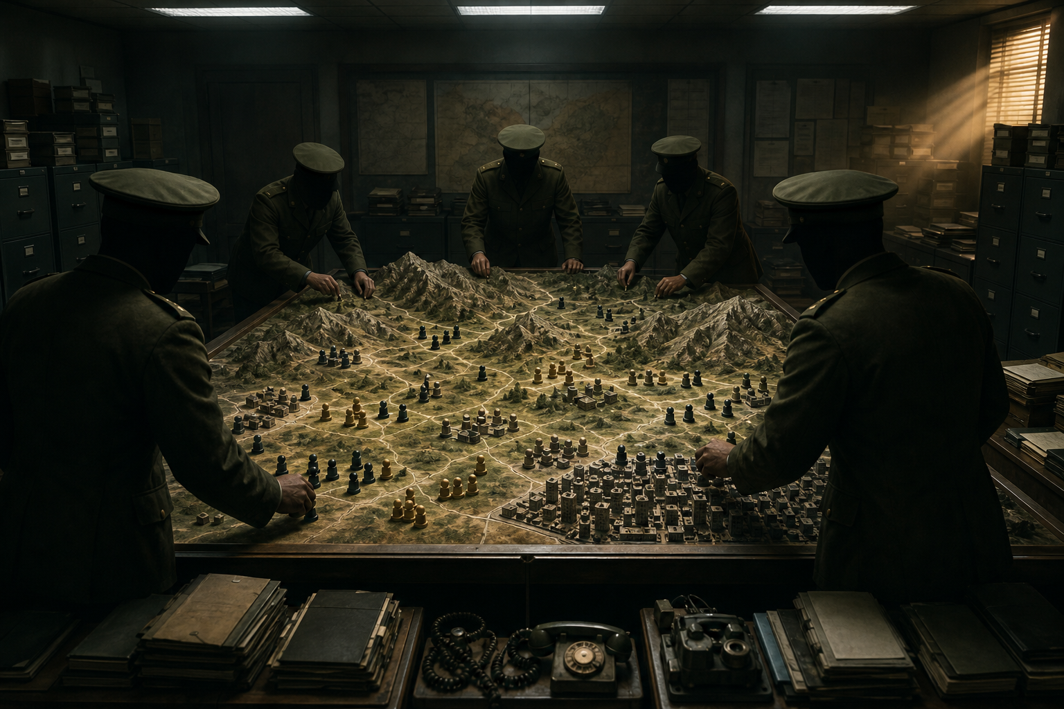 Uniformed officials arrange unmarked military and irregular-force pieces on a relief model inside a dim operations room.