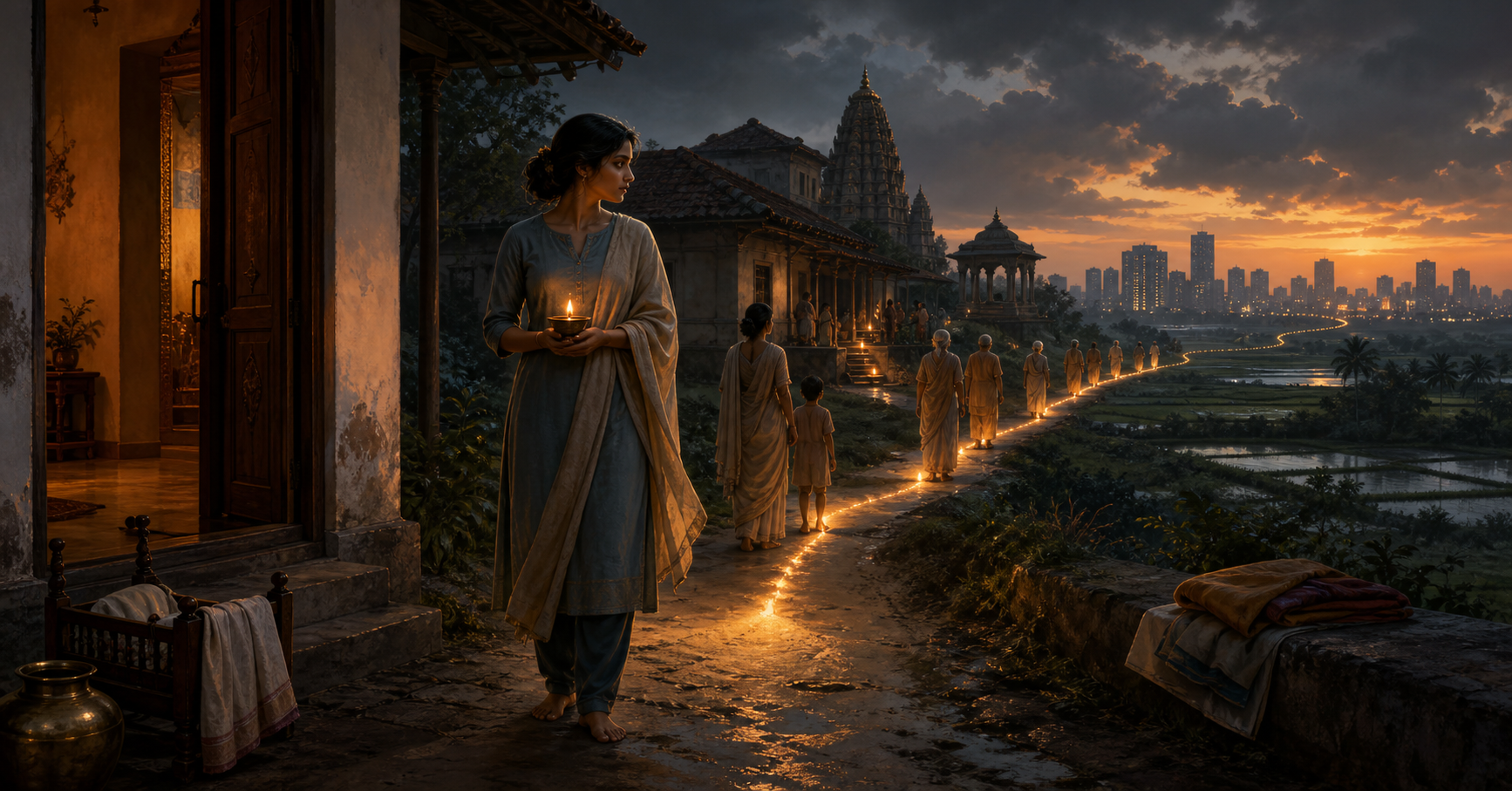 A woman pauses between a family doorway and an outward path as generations of relatives and changing landscapes extend behind her at dusk.