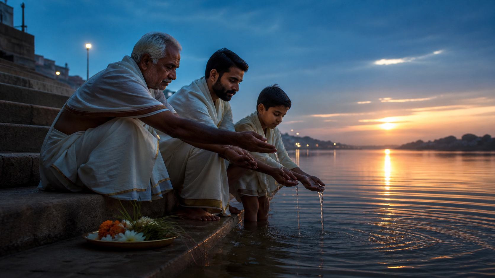 Three generations offer water with cupped hands at a riverbank during a quiet predawn remembrance ritual.