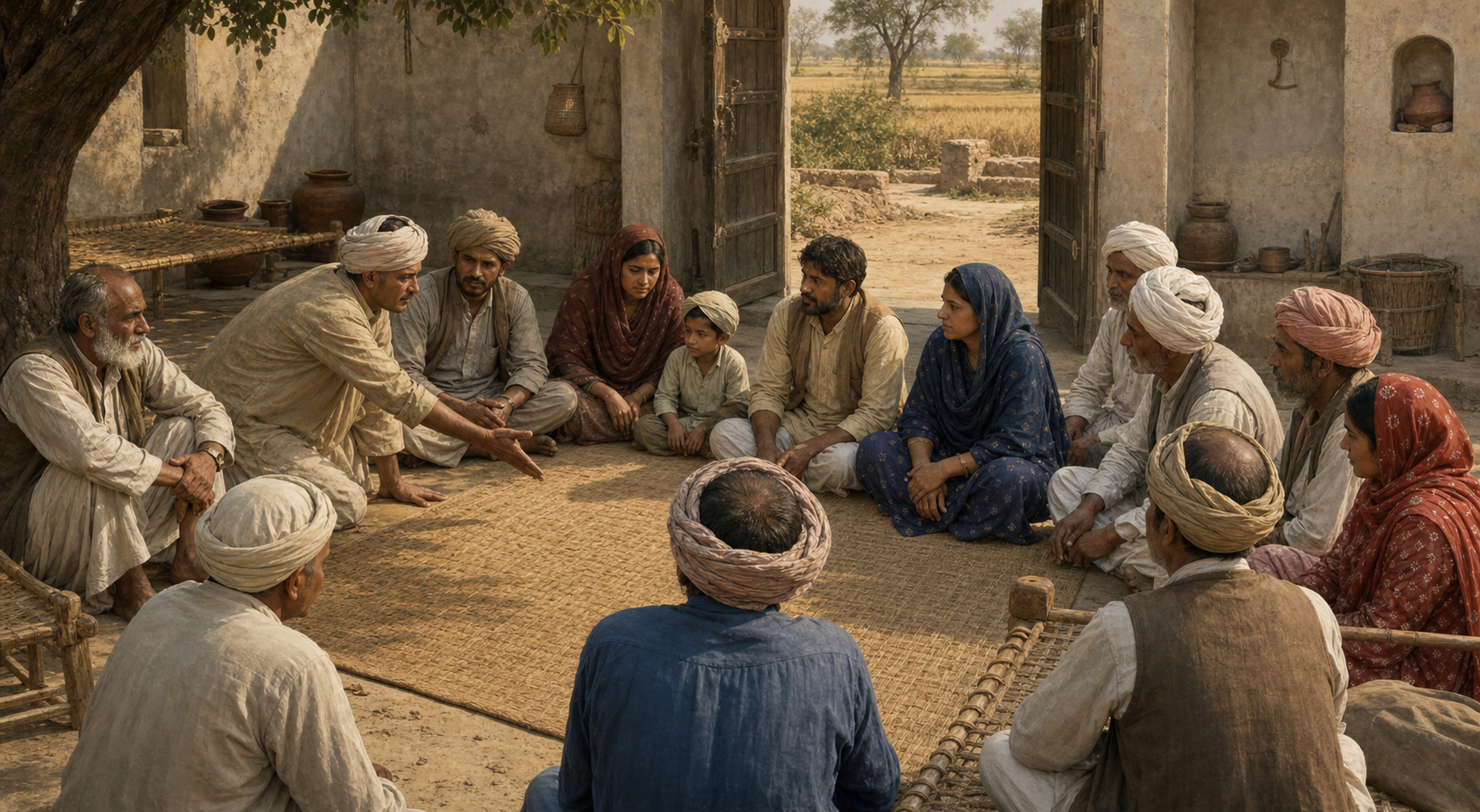 A returning family joins villagers and elders seated in conversation in an early twentieth-century north Indian courtyard as a neighbor offers them a place in the circle.