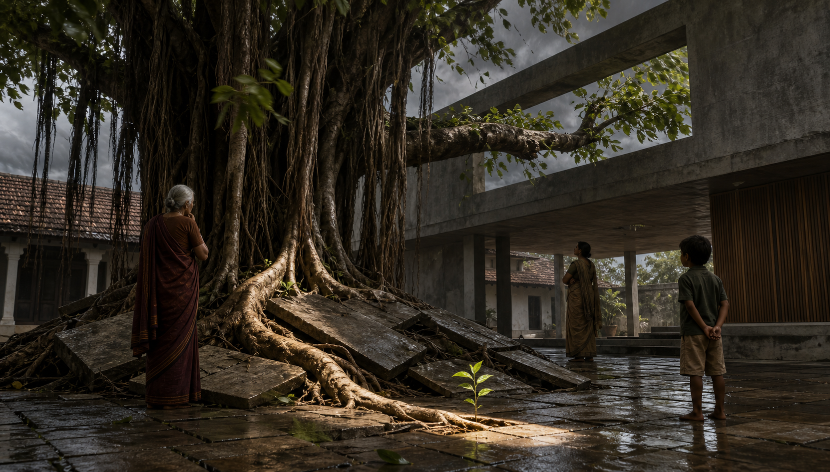 Three generations stand around a banyan tree whose roots lift the stones of an old courtyard and whose branch reaches into a modern addition.