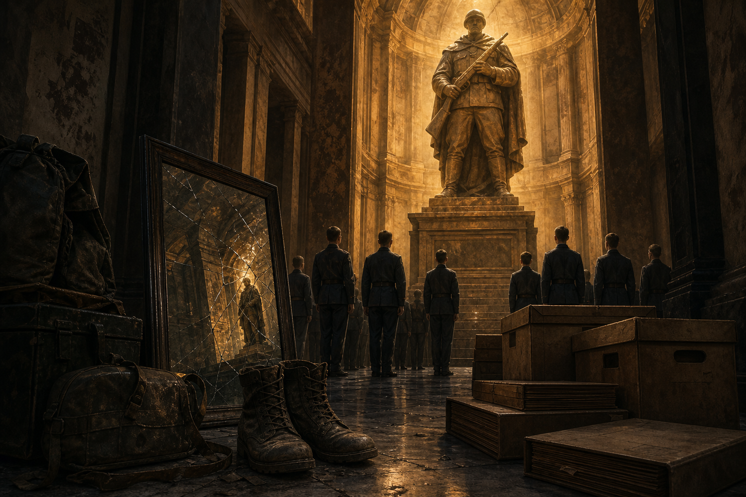 Cadets face a brightly lit heroic soldier statue while damaged equipment, archival boxes and a cracked mirror remain in shadow.