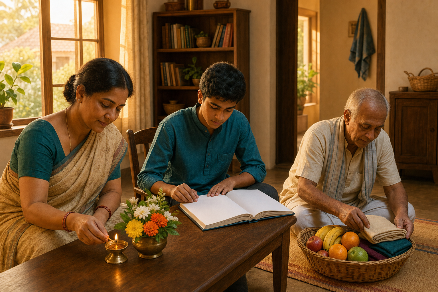 Family members light a brass lamp, study from a book, and prepare fruit and folded cloth for charitable giving.